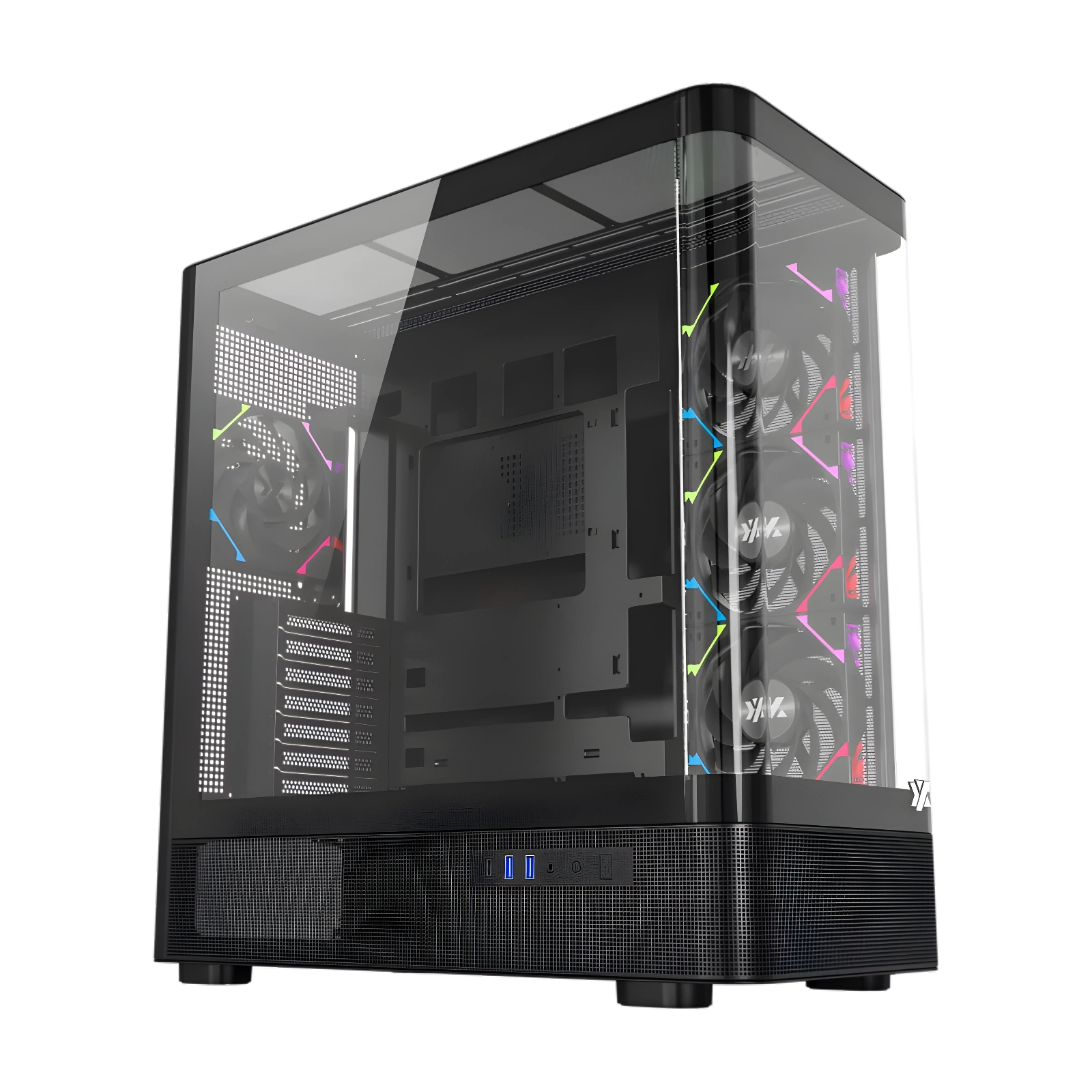 Un case per computer nero con un pannello di vetro. All'interno, ci sono ventole con luci colorate. Il frontale ha porte USB e un pulsante di accensione.
