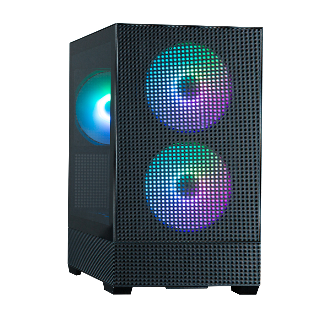 Un boîtier d'ordinateur noir avec deux ventilateurs RVB lumineux. Un panneau latéral montre un ventilateur supplémentaire avec des lumières bleues et vertes.