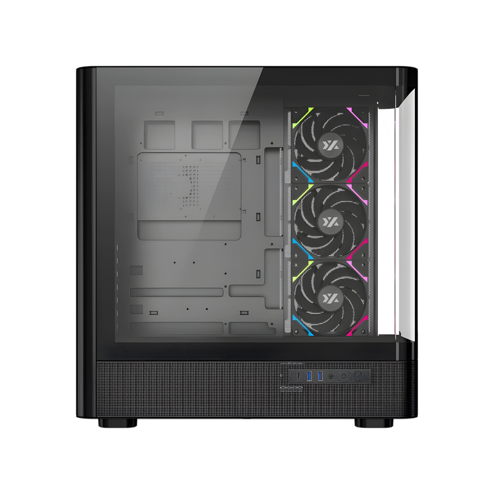 Case per computer nero con lato in vetro, tre ventole con luci colorate e pannello frontale con porte.