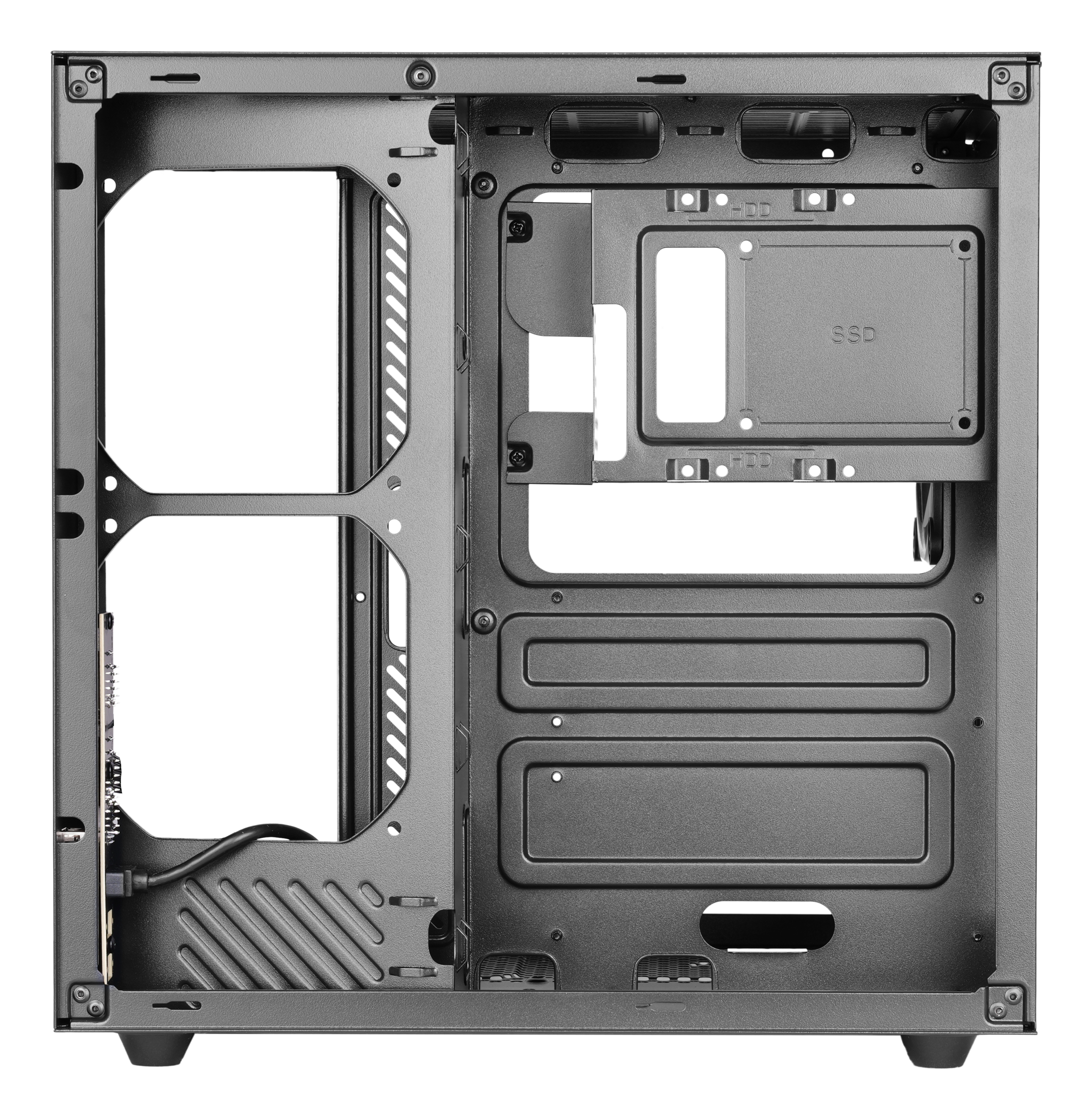 Wnętrze pustej, ciemnoszarej obudowy komputera. Zawiera przegrody na komponenty, takie jak dyski twarde, SSD i płyta główna.