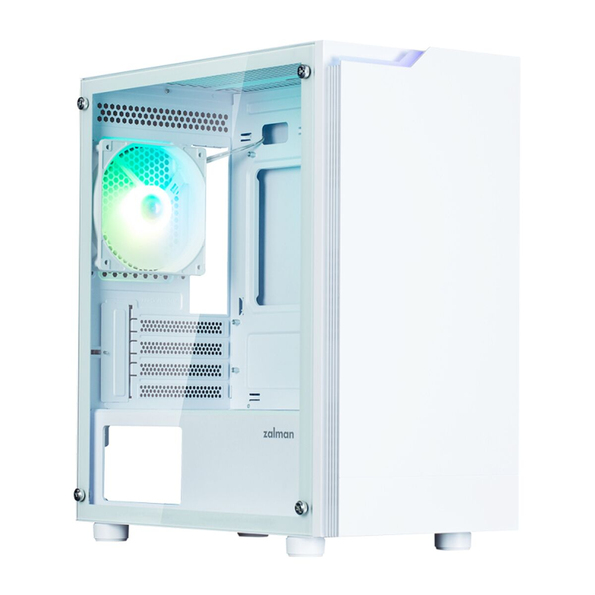 Caja de ordenador blanca con panel lateral transparente. Dentro hay un ventilador con luces de colores. La caja tiene el logotipo de Zalman.