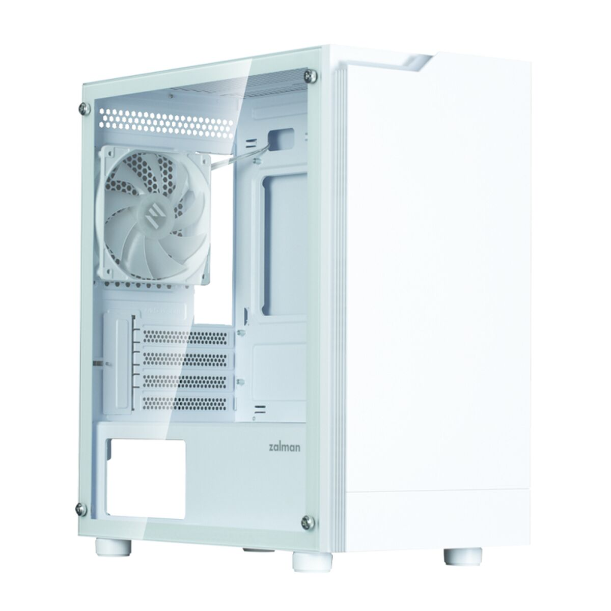 Una caja de ordenador blanca con un panel lateral de vidrio. Cuenta con un ventilador, varios compartimentos y el logo 'zalman'.