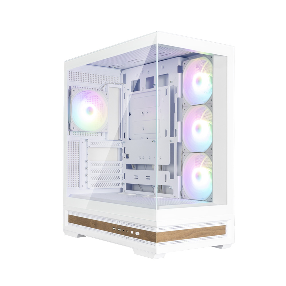 Un case per PC bianco con pannello laterale in vetro. All'interno, ventole LED arcobaleno. Frontale effetto legno.