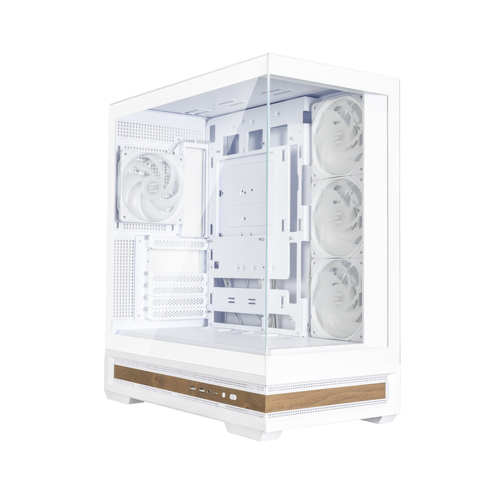 Case per computer bianco con lato in vetro, che mostra componenti interni come ventole. Presenta un pannello in legno in basso.