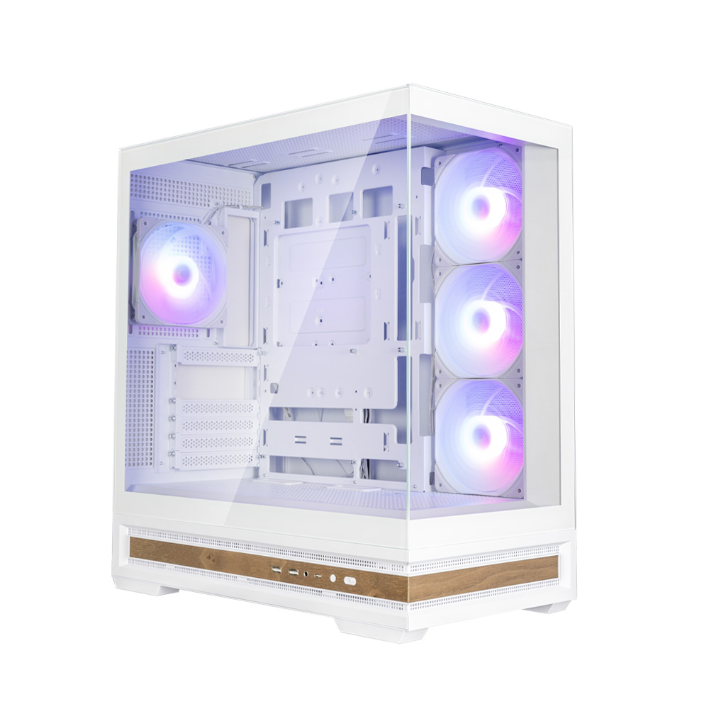 Case per PC bianco con pannello in vetro. All'interno, ventole con luci colorate. La parte inferiore ha un pannello in legno.