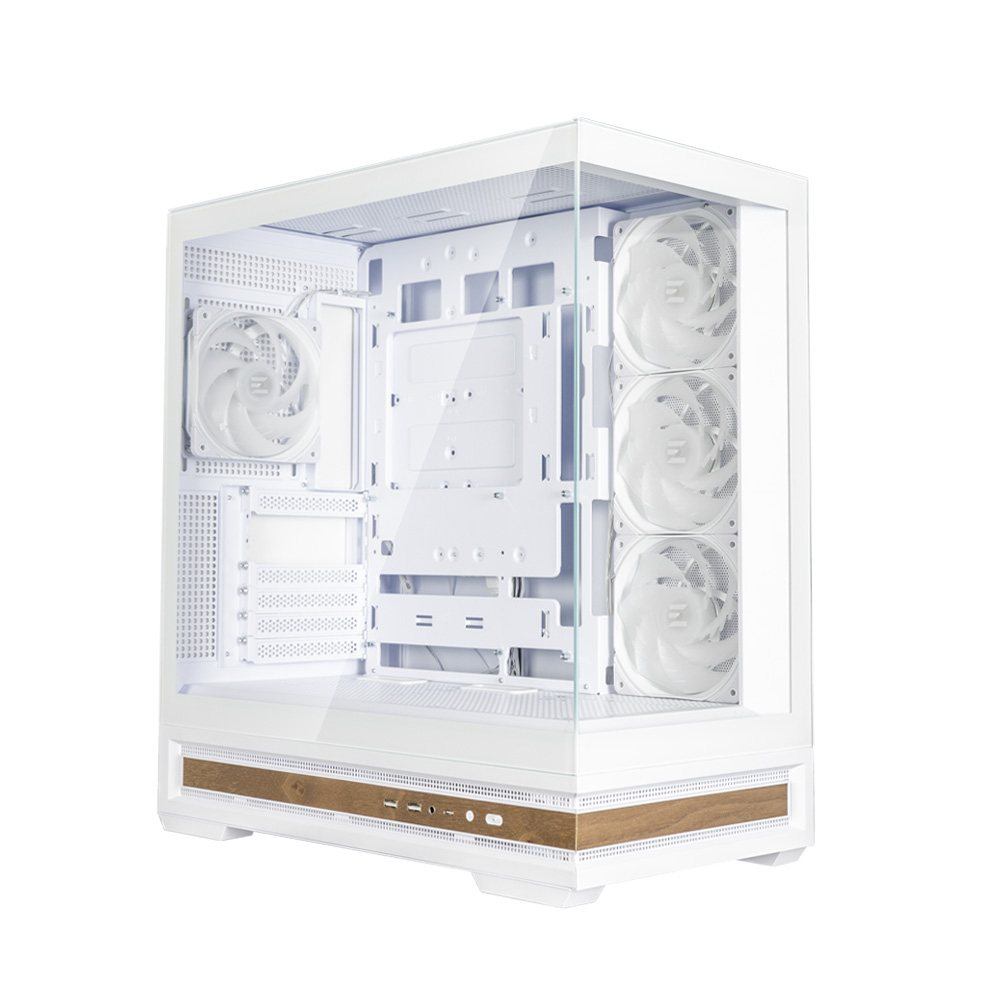Un case per computer bianco con pannello in vetro, ventole interne e base in legno. Ha un design aperto, che mostra i suoi componenti interni.