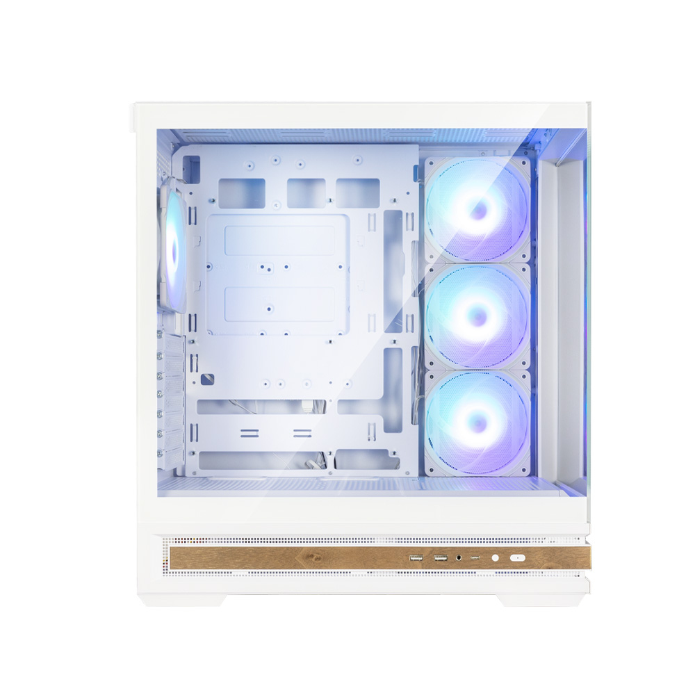 Case per computer bianco con lato in vetro. Interno visibile con ventole e componenti. Pannello frontale effetto legno con porte.