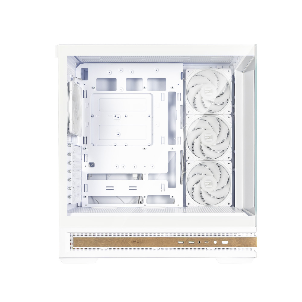 Interno di un case per computer bianco con ventole e pannello in legno. Pannello laterale in vetro trasparente. Area scheda madre vuota. Tre ventole a destra.