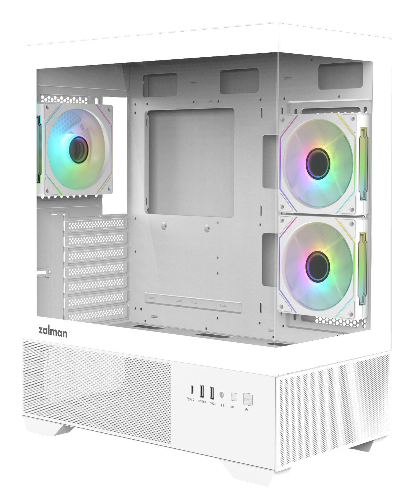 Un case per computer bianco con ventole illuminate ad arcobaleno. Il case ha un pannello laterale trasparente e un pannello frontale perforato.