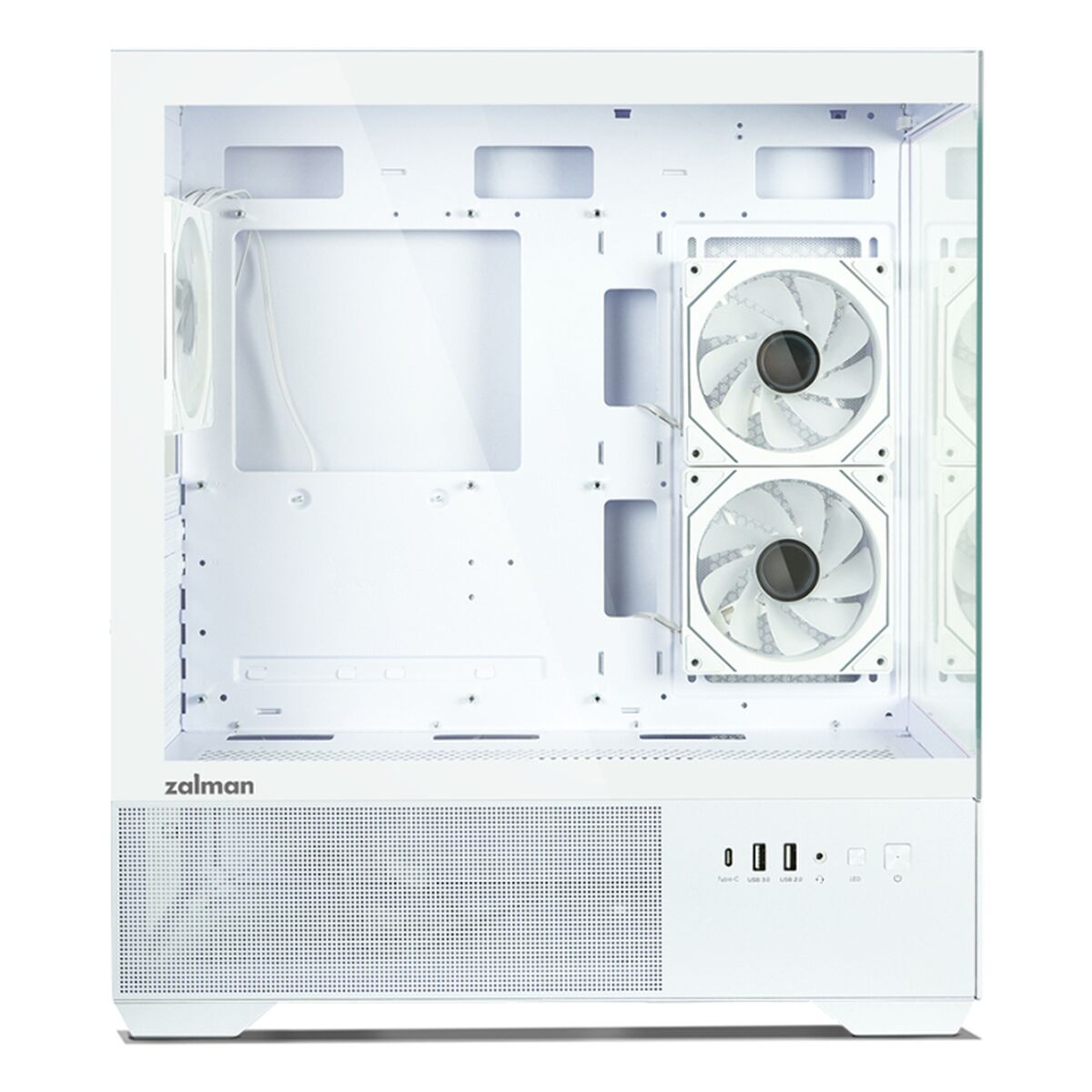 Case per computer bianco con pannello di vetro. Include ventole, prese d'aria e porte. Visibile il marchio 'zalman'.