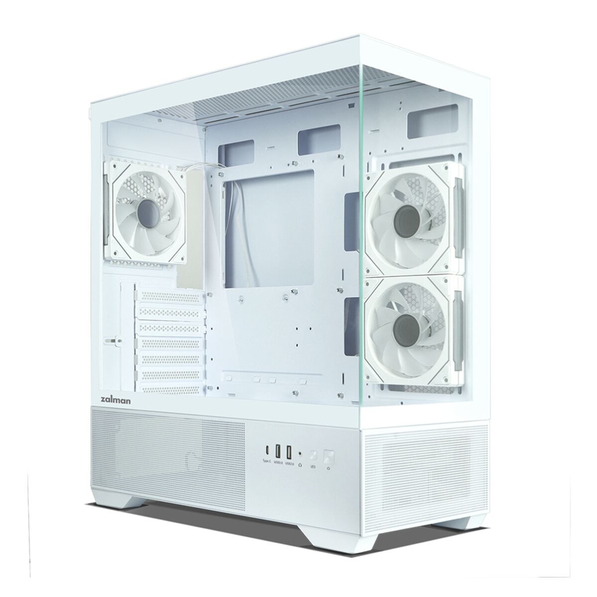 Un case per computer bianco con ventole visibili e un pannello laterale in vetro. Il marchio 'zalman' è visibile. L'interno del case è vuoto.