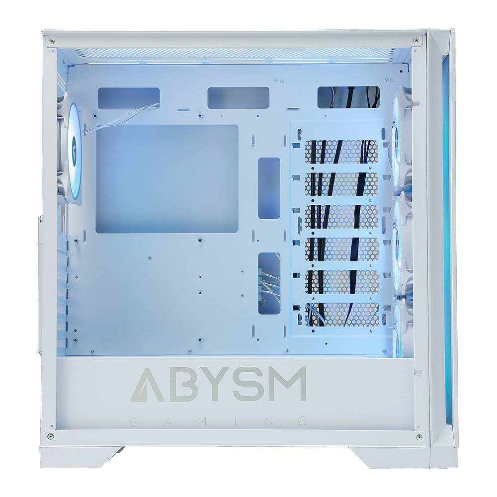 Case per computer bianco con illuminazione blu. Presenta ventole, il logo ABYSM e slot per componenti.