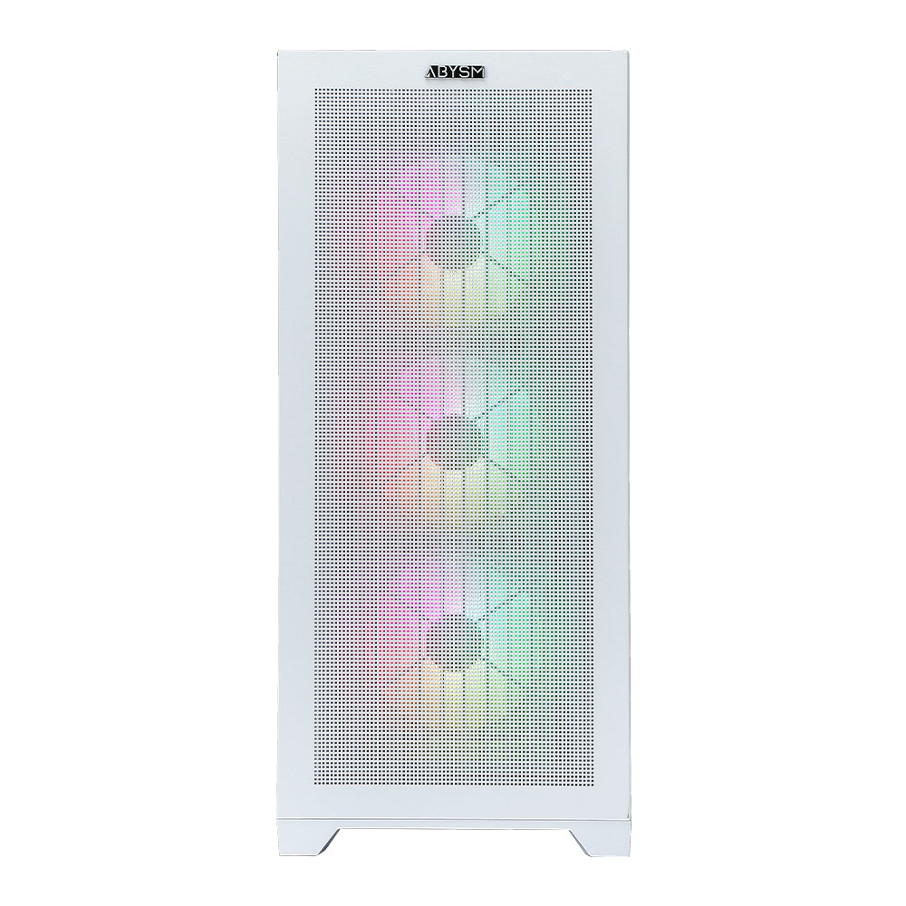 Case per computer bianco con frontale a rete. Luci color arcobaleno brillano attraverso la rete. Il marchio "ABYSM" è in alto.