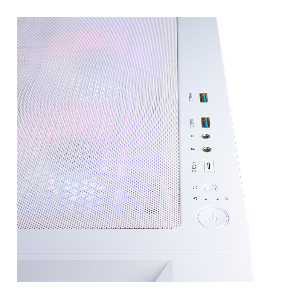 Parte superiore del case del computer bianco. Porte USB, pulsante di accensione e altre porte di interfaccia visibili. Pannello superiore perforato con luci interne.