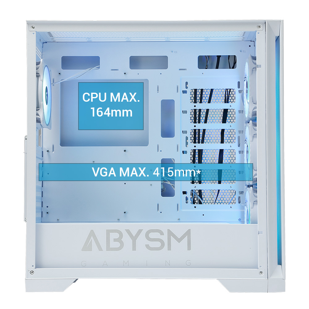 Interno di un case per computer bianco. Il testo indica CPU max 164mm, VGA max 415mm. Logo ABYSM GAMING in basso.