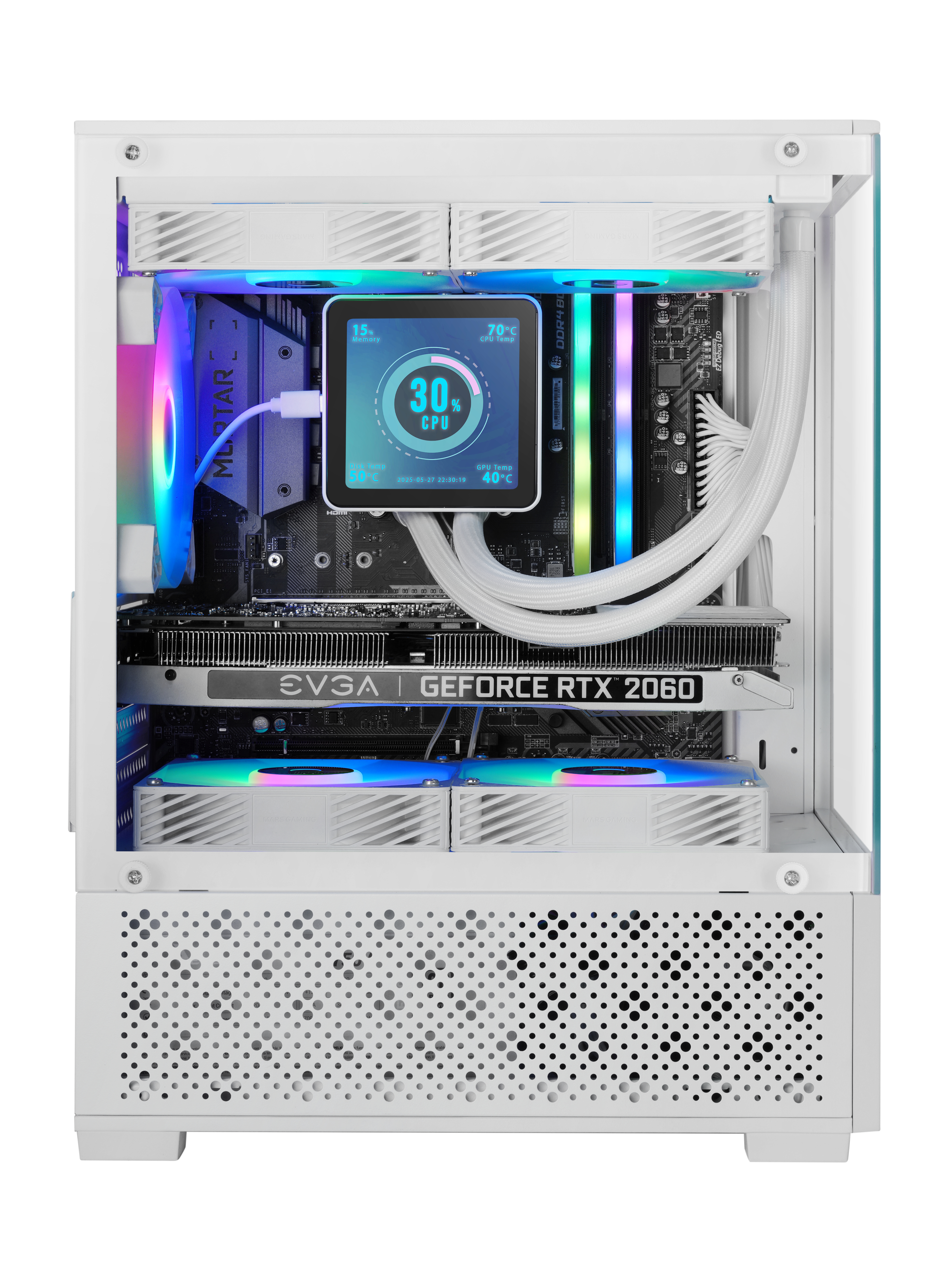 Un case per computer bianco con componenti interni come GPU, CPU e RAM, illuminato con luci RGB. Uno schermo mostra l'utilizzo della CPU.