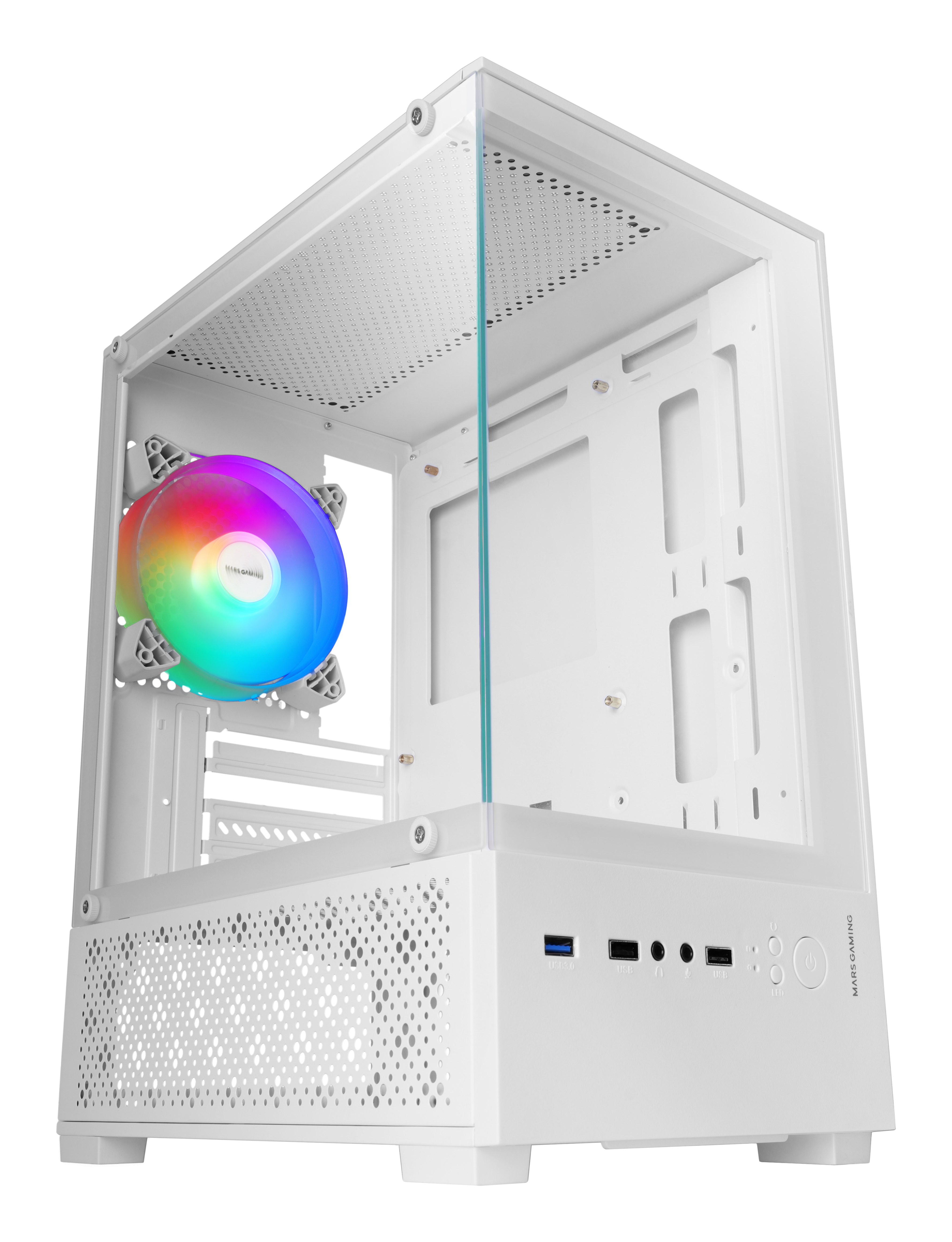 Case PC bianco con pannello laterale in vetro, ventola arcobaleno e porte USB frontali.