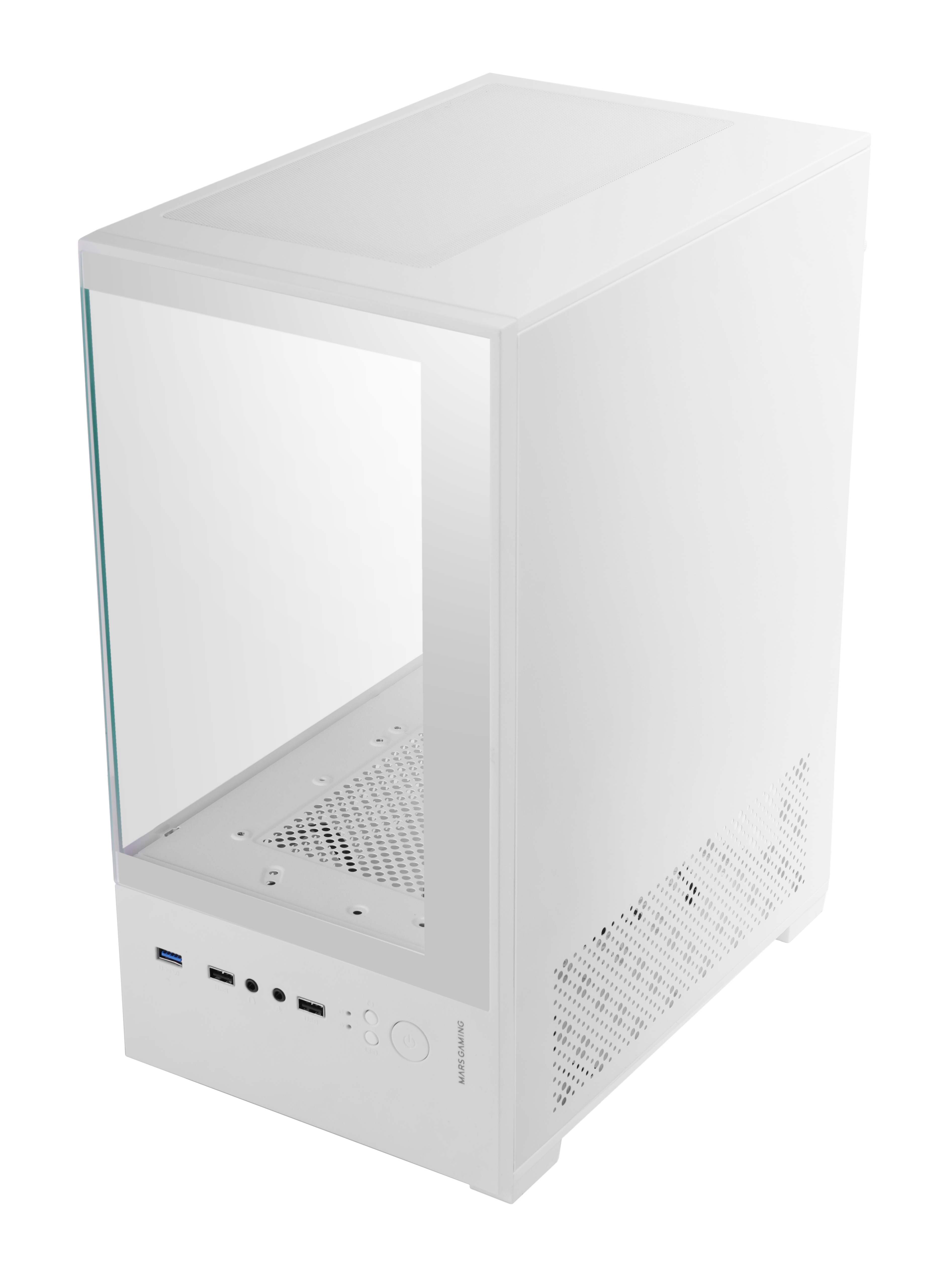 Un case per computer bianco con un pannello laterale in vetro. Ha un design minimalista e il marchio è sul davanti.