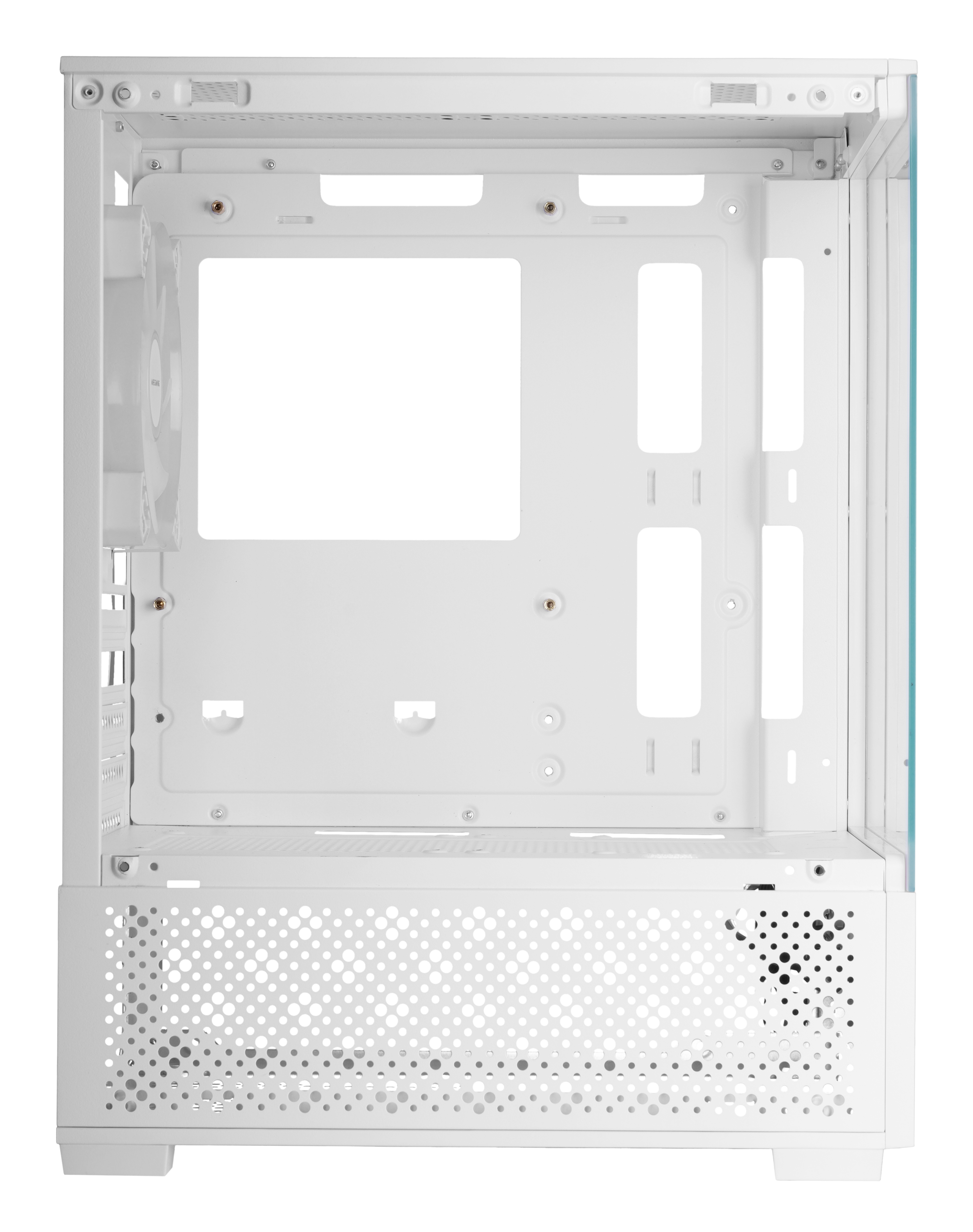 Un case per PC bianco vuoto. Ha un pannello frontale perforato, un pannello laterale trasparente e vari punti di montaggio.