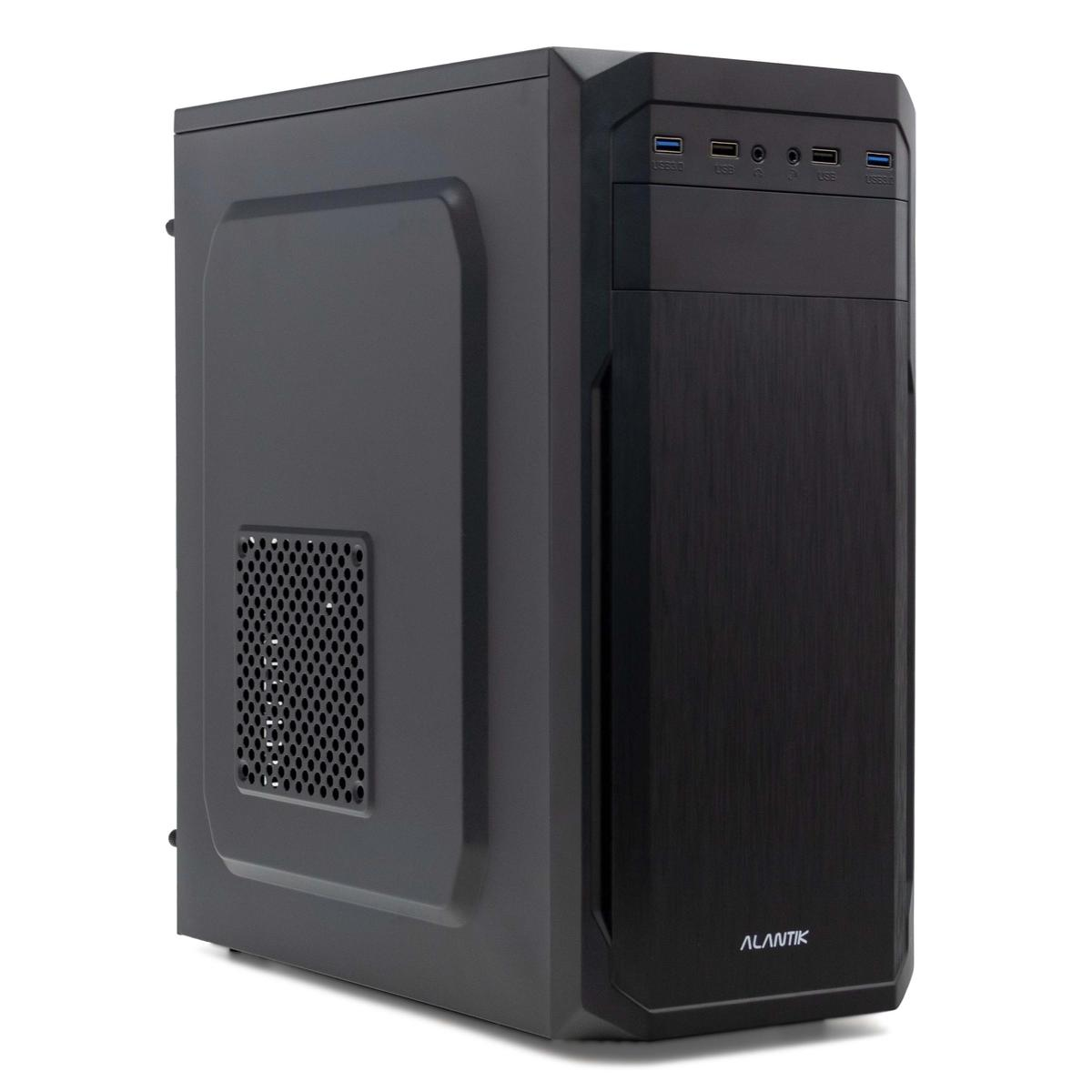 Un case per computer nero su sfondo bianco. Ha porte USB, jack audio e il marchio 'Alantik' sulla parte anteriore.