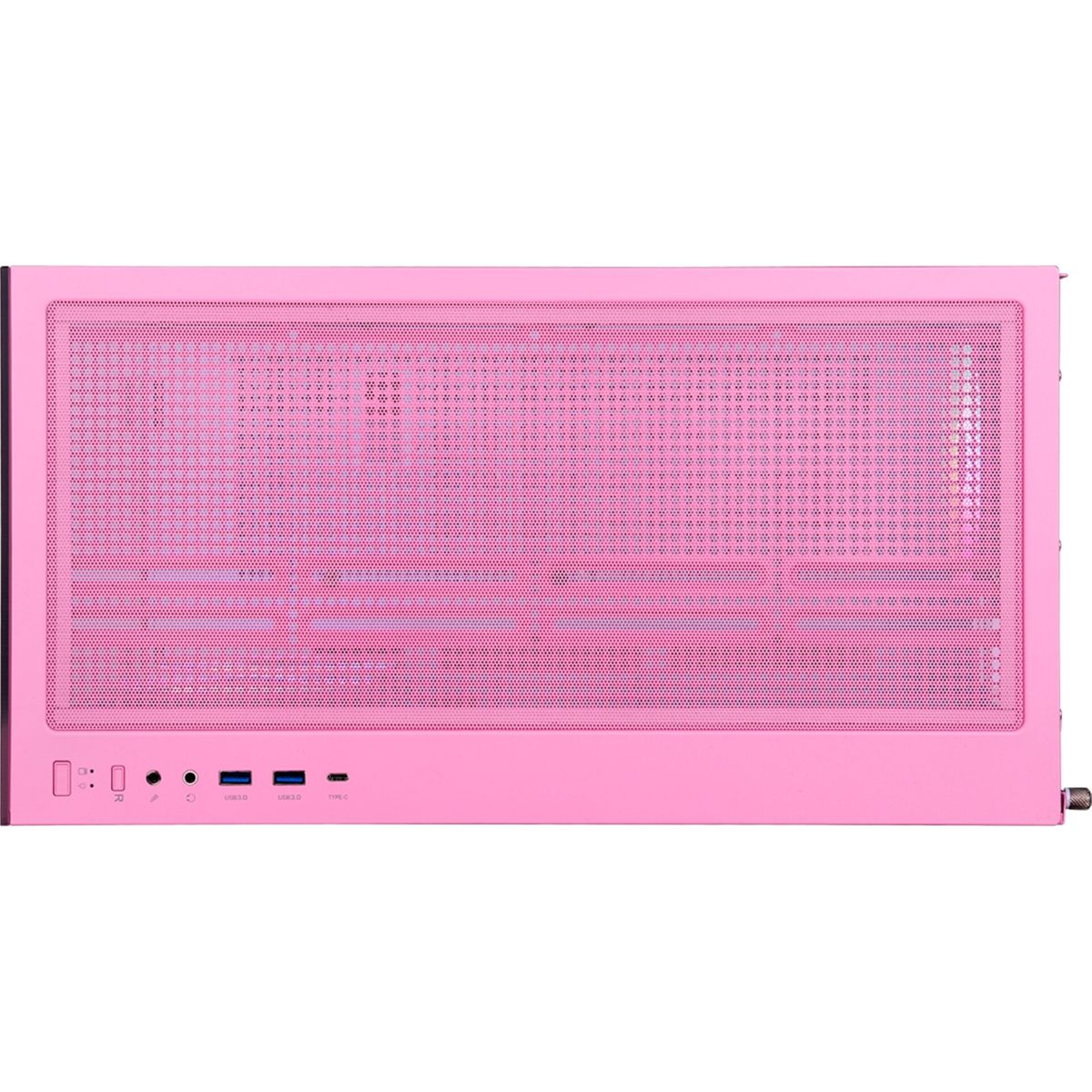 Una caja de ordenador rosa con un panel frontal perforado. Tiene puertos USB y otros conectores en la parte inferior. El diseño es limpio.