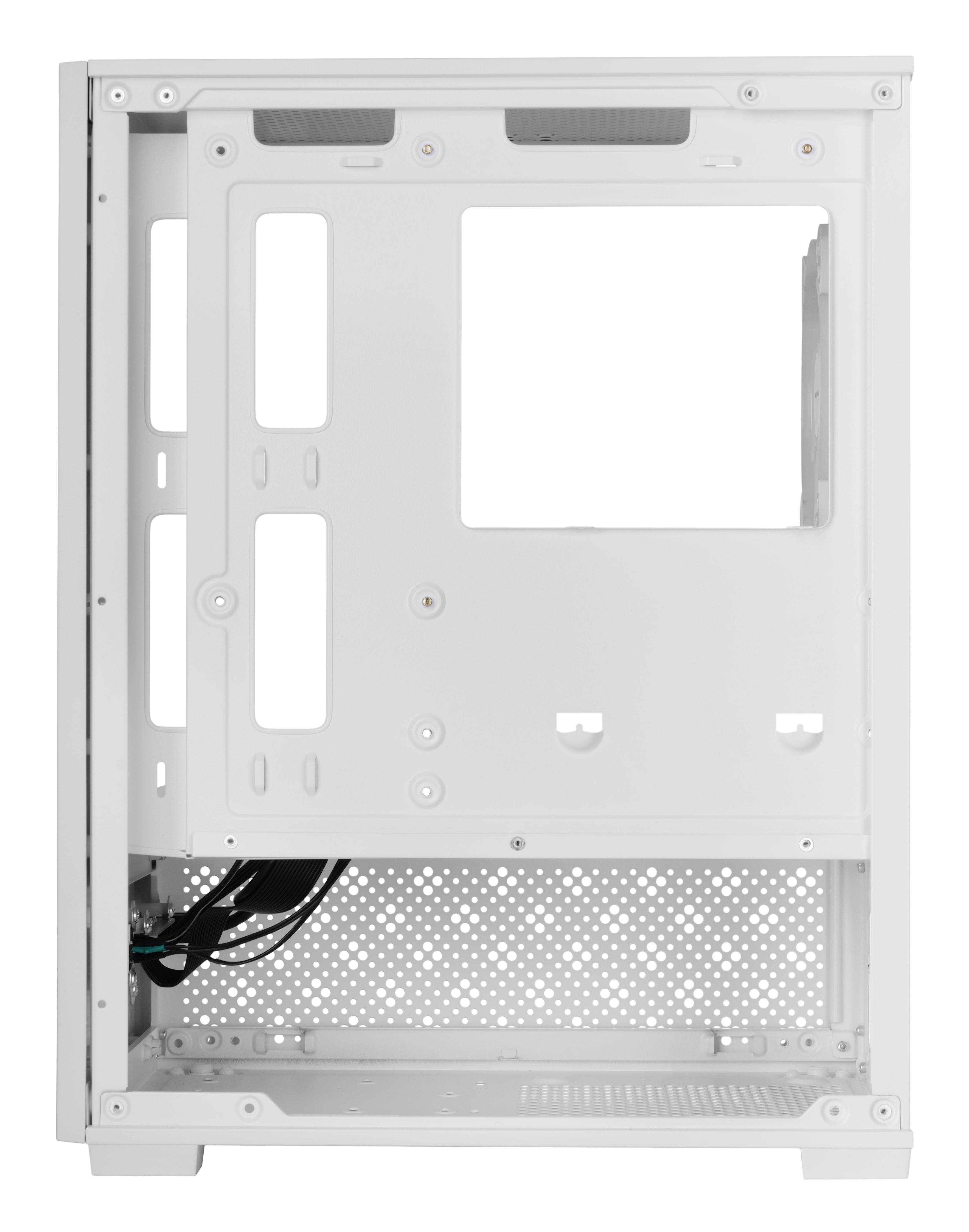 Interno di un case per computer bianco. Struttura aperta con varie aperture, pannello metallico perforato e cavi neri visibili.