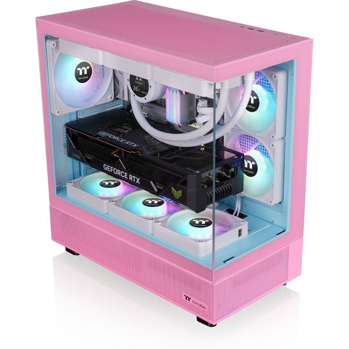 Carcasa de PC rosa con lado transparente. Dentro, una tarjeta gráfica y ventiladores con luces de colores son visibles.