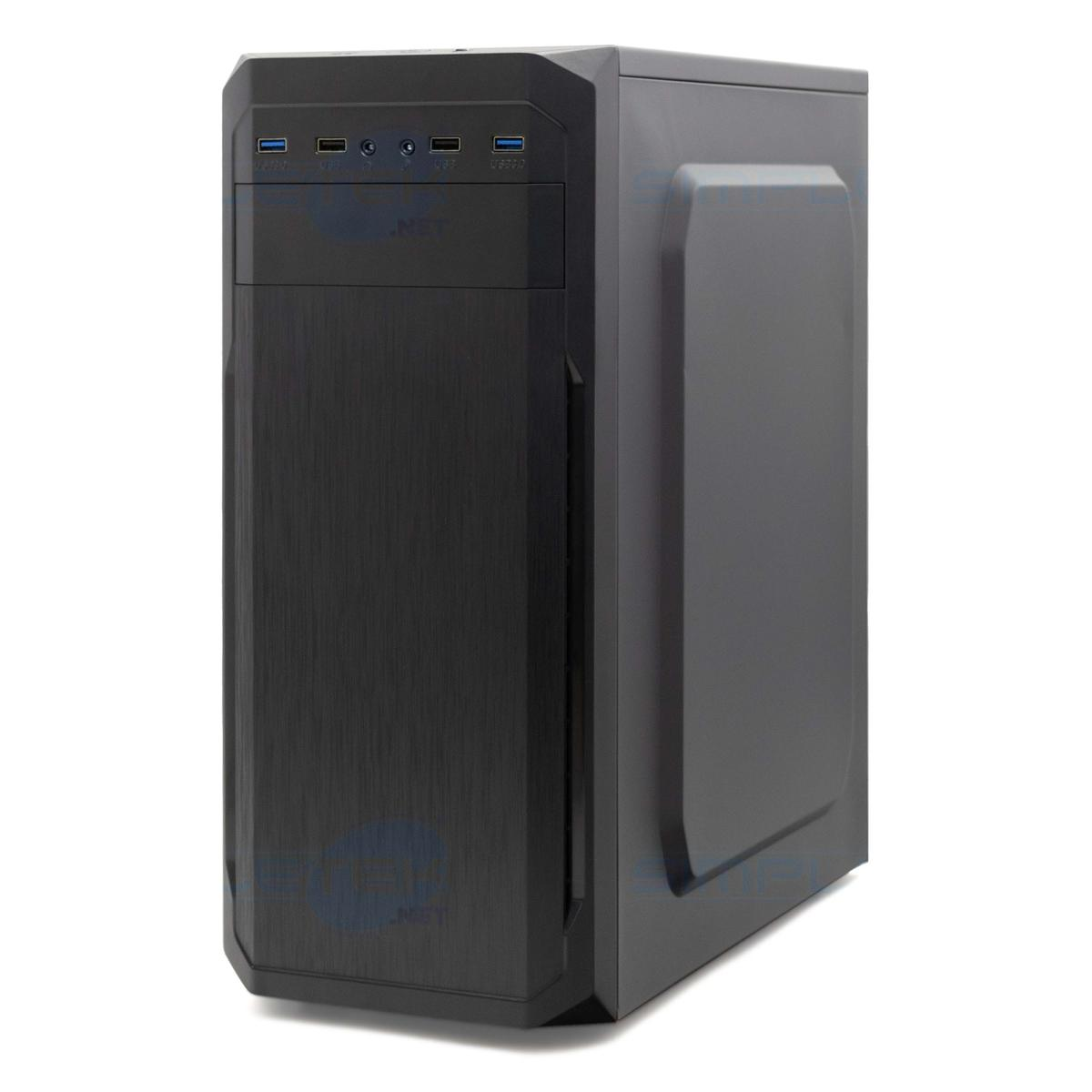Un case nero per computer è centrato su sfondo bianco. Ha più porte USB e un pulsante di accensione in alto.