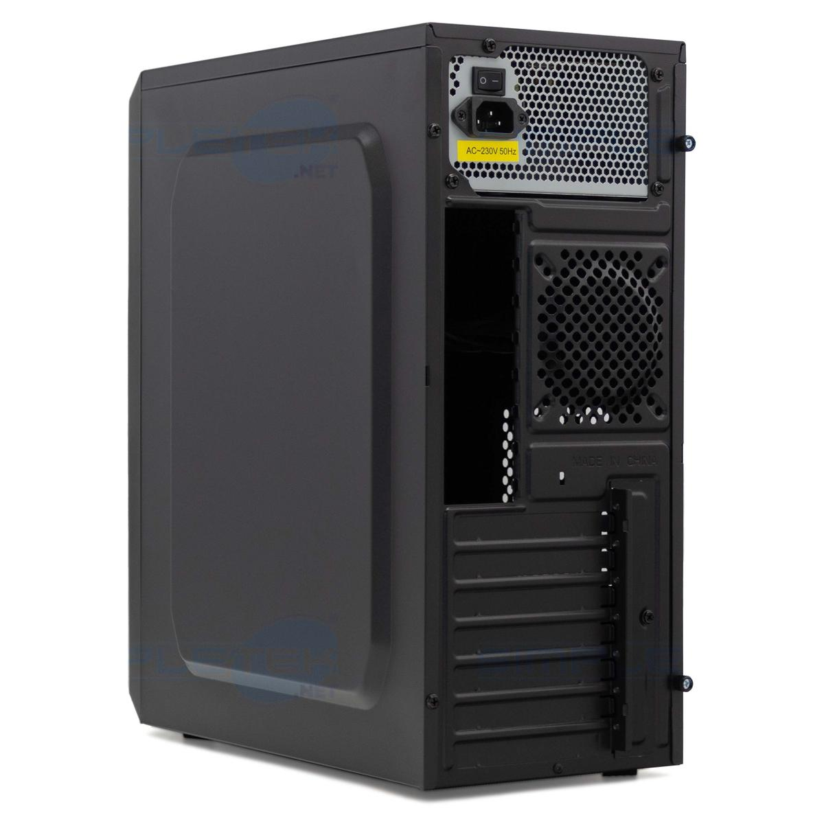 Un case per computer nero, visto di lato. Ha aperture per i componenti e un'area per l'alimentatore con ingresso CA.