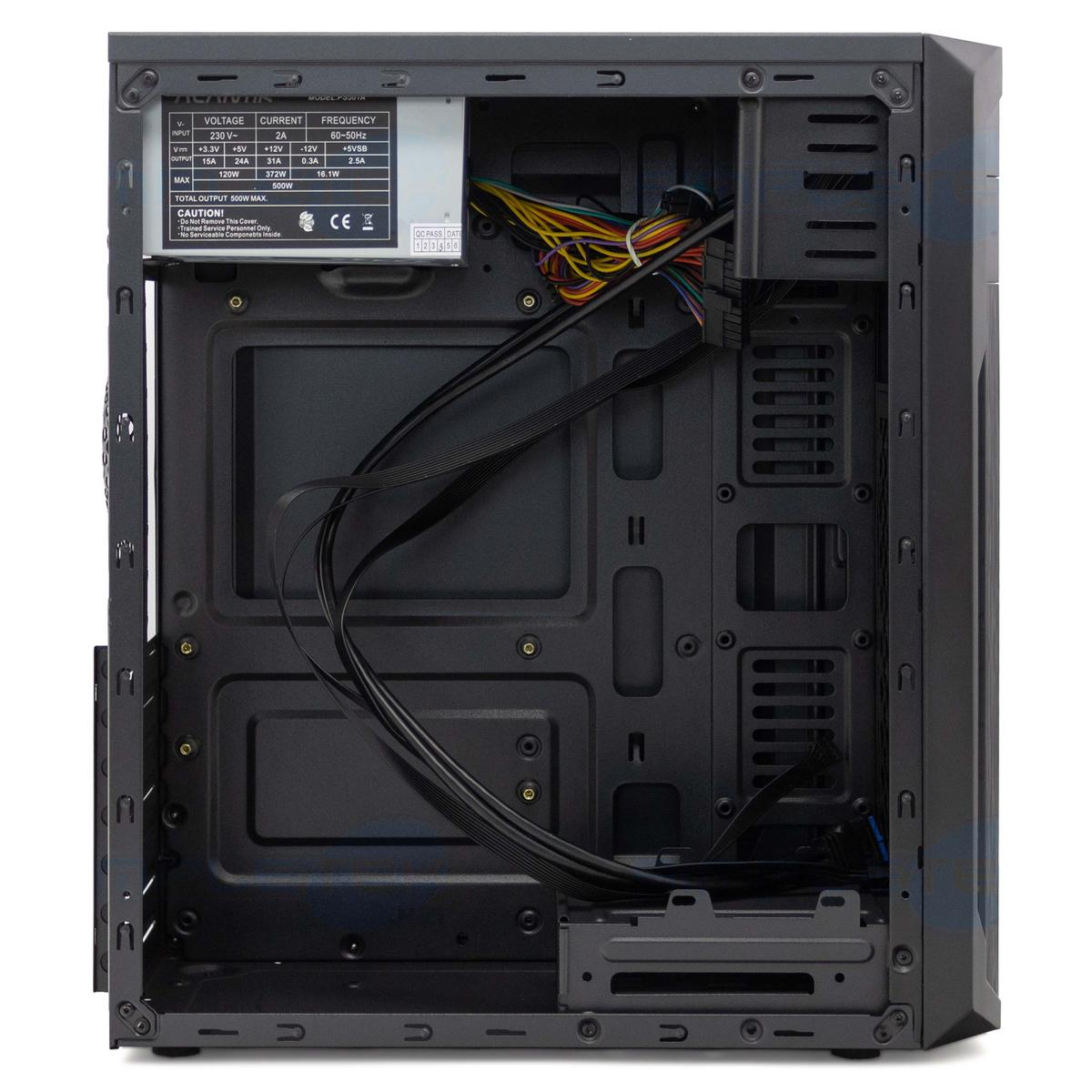 Interno di un case per computer aperto. Sono visibili cavi, un alimentatore e staffe di montaggio. Il case è nero con alcune etichette.
