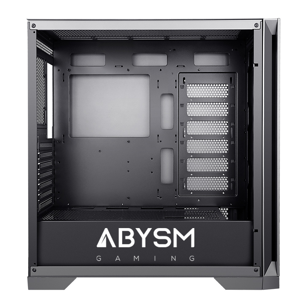Un case per computer vuoto, grigio scuro. Il marchio 'ABYSM GAMING' è visibile sul pannello frontale. L'interno è aperto e pronto per i componenti.