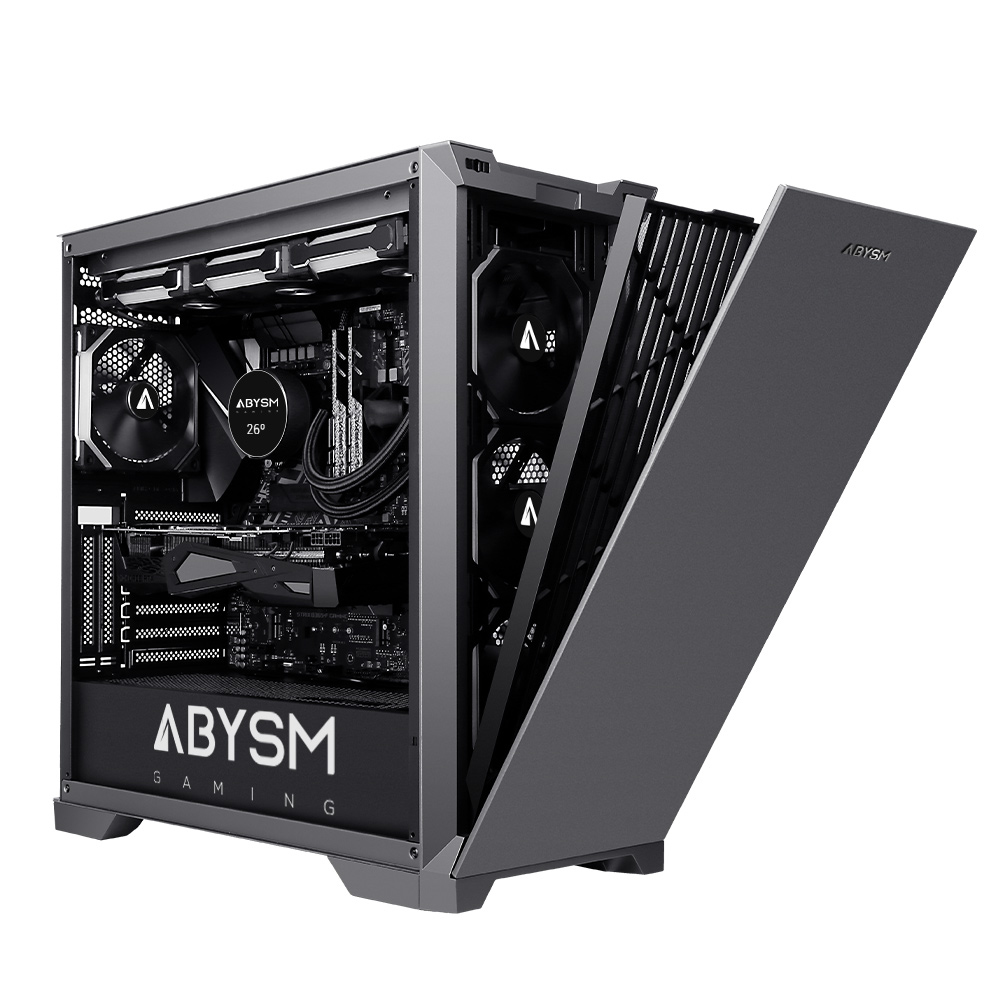 Un case per computer grigio con il pannello laterale aperto, che rivela componenti interni come ventole, una scheda madre e una scheda grafica. Il marchio è ABYSM.