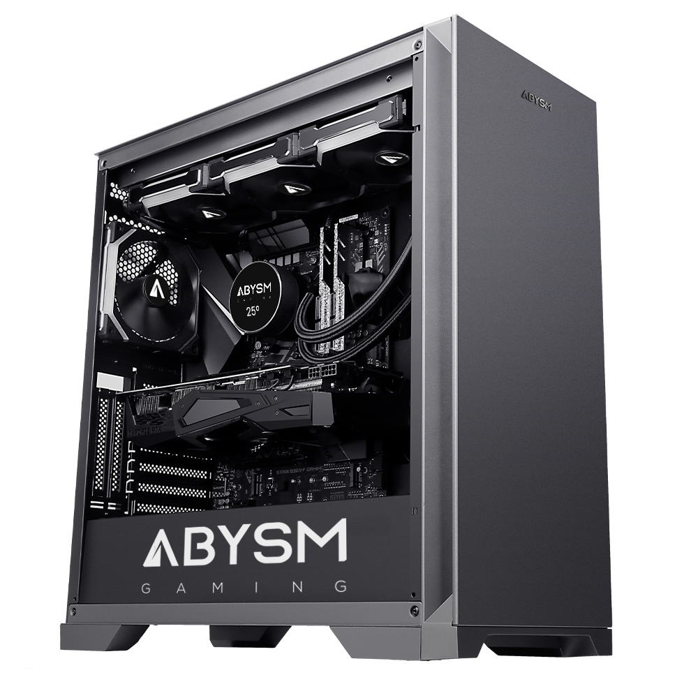 Un case PC nero e argento è aperto, mostrando i componenti interni. Il logo ABYSM è visibile. Sono installate ventole e sistemi di raffreddamento.