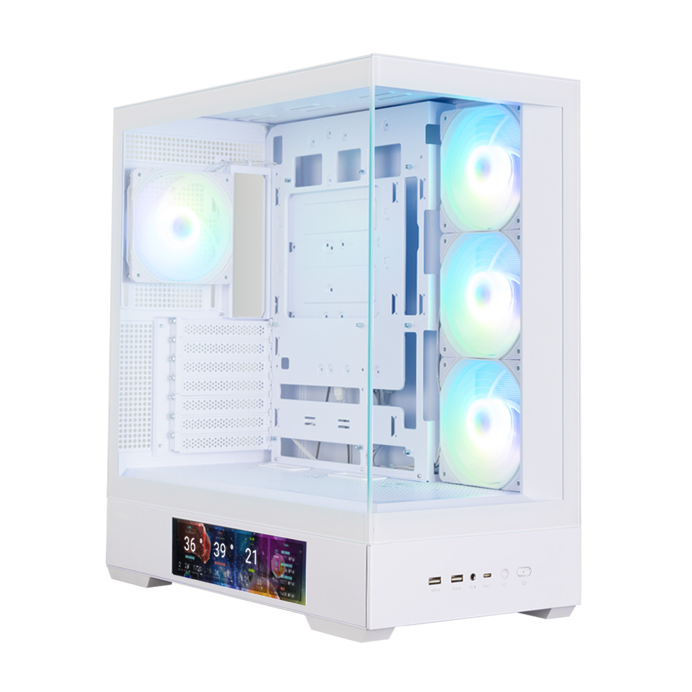 Case per computer bianco con pannello laterale in vetro. Ha ventole con luci colorate. Uno schermo mostra le letture della temperatura.