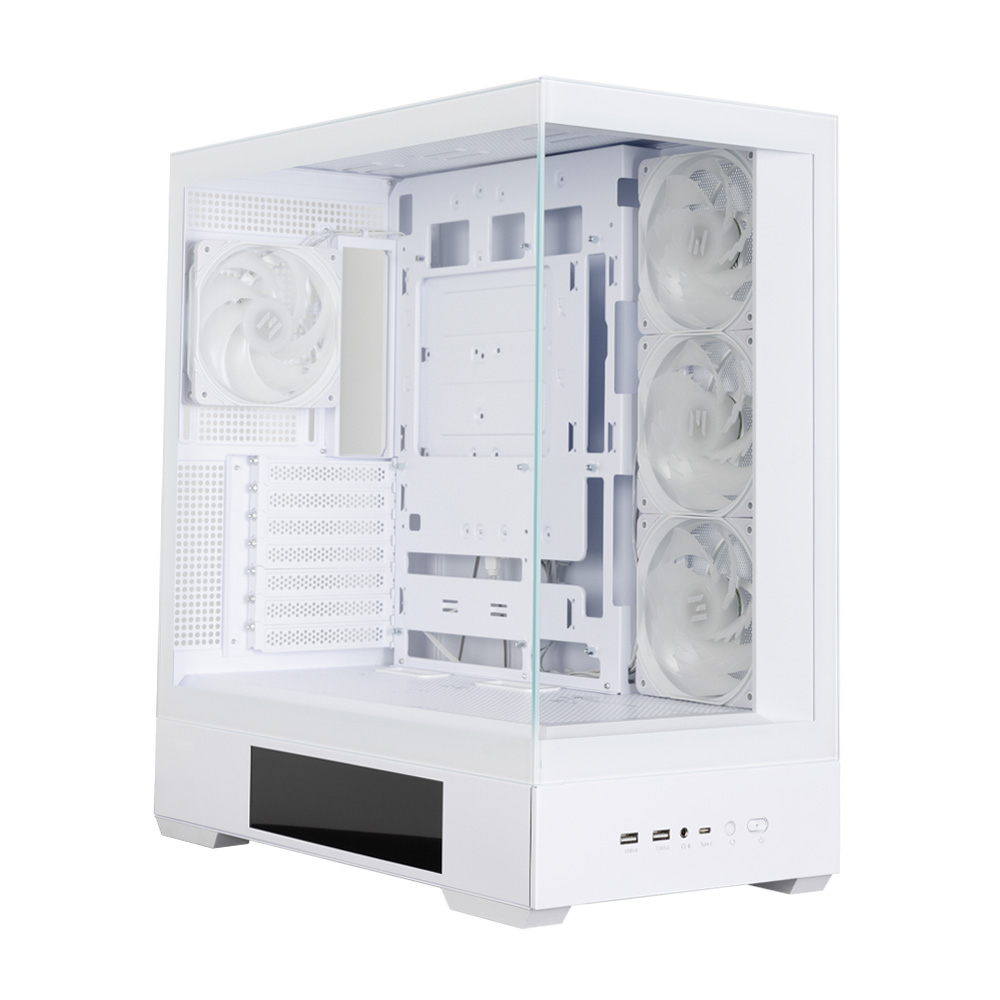 Un case per computer bianco con un pannello laterale in vetro. Presenta ventole, un pannello nero e varie porte.