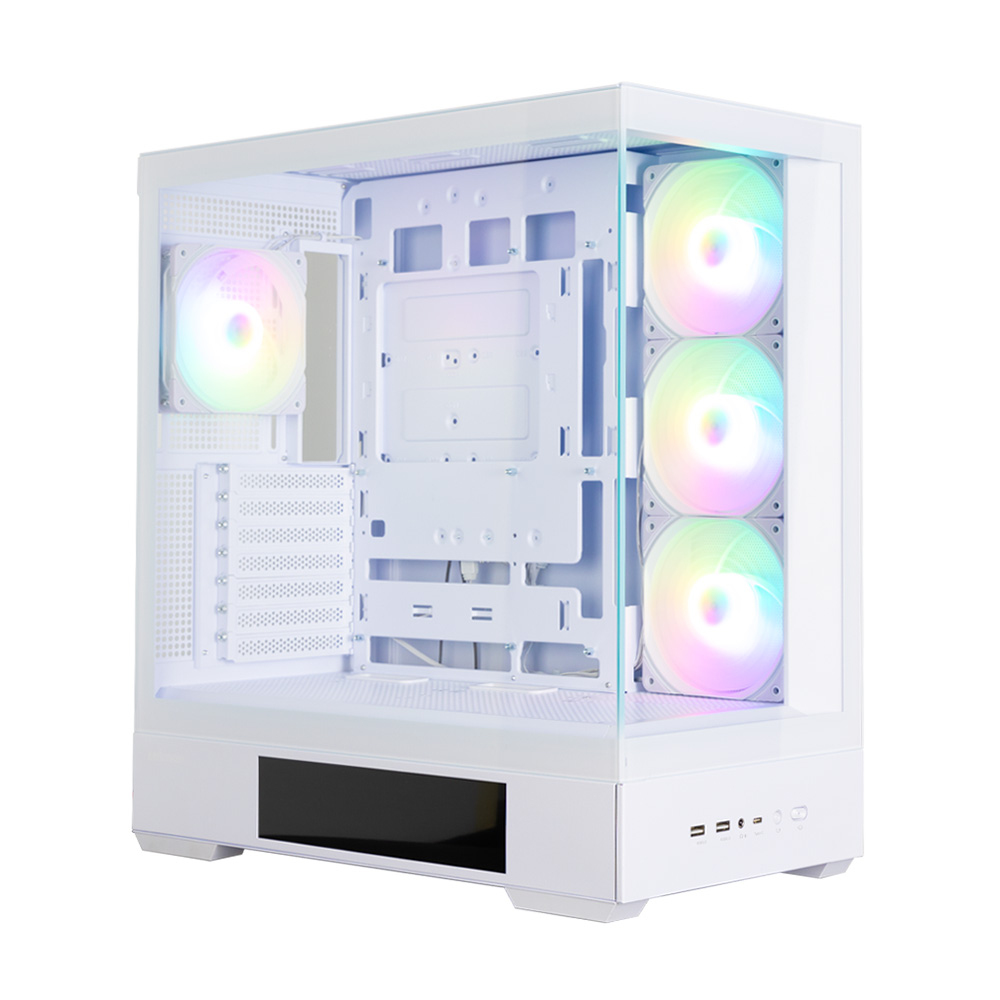 Case per computer bianco con pannello laterale trasparente. Ha tre ventole illuminate ad arcobaleno a destra e una a sinistra. Il case è vuoto.