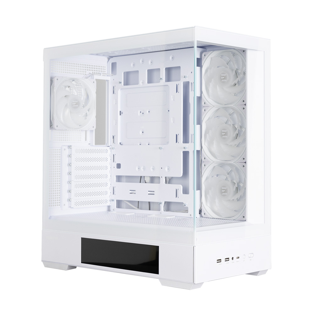 Un case per computer bianco con pannello laterale in vetro trasparente, che mostra ventole e componenti interni. Il case è su sfondo bianco.