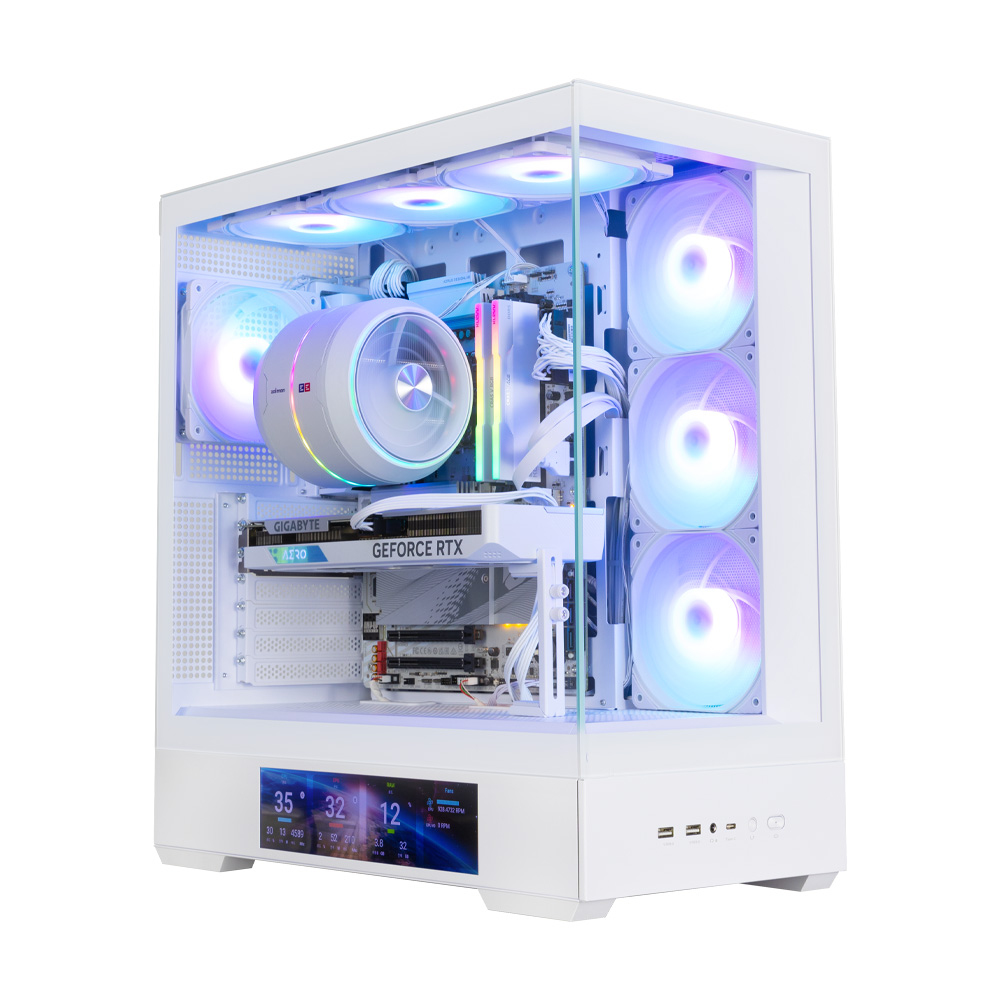 Un case per computer bianco con più ventole e componenti interni. Uno schermo mostra le temperature. GIGABYTE GEFORCE RTX è visibile.