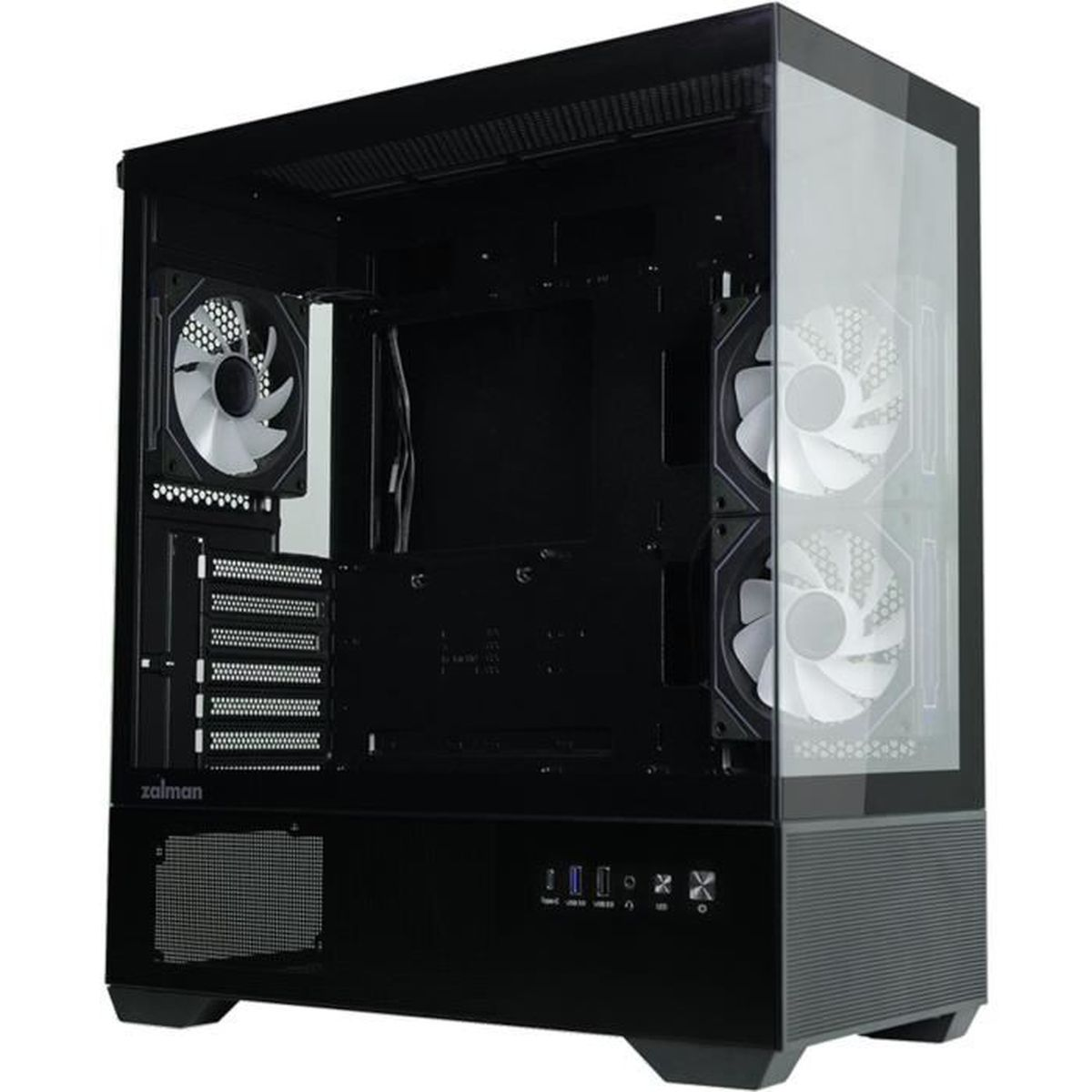Un case per computer nero con pannello laterale in vetro. Sono visibili ventole, il logo Zalman e varie porte. L'interno è per lo più aperto.