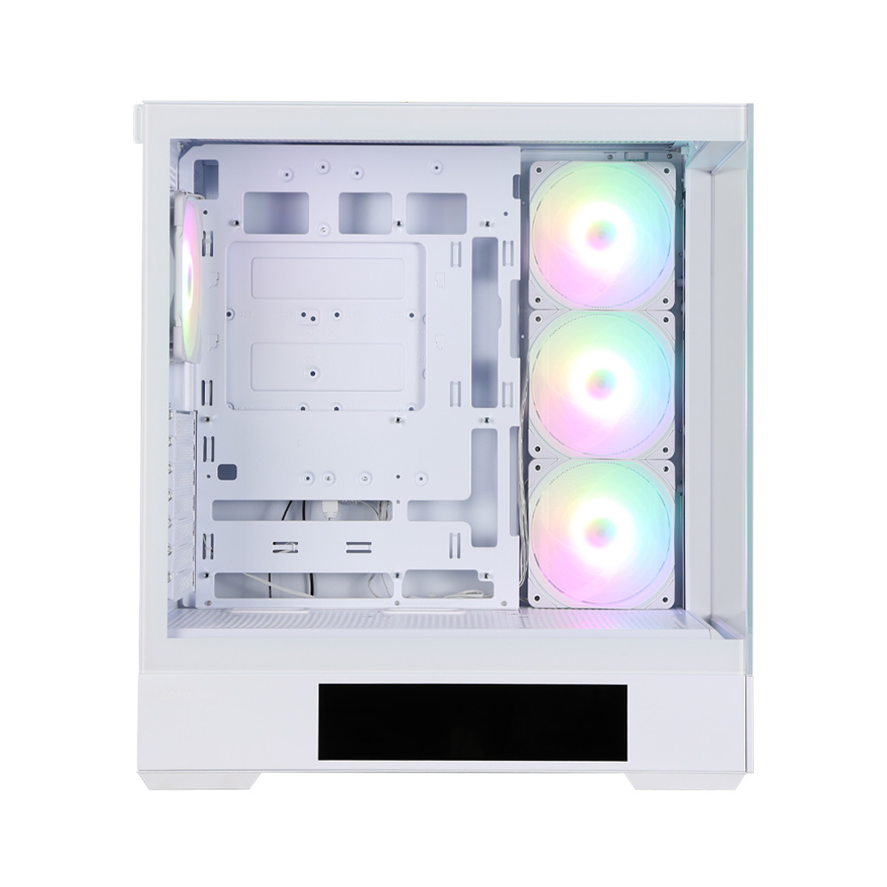 Interno di un case per computer bianco con tre ventole illuminate. L'interno mostra le aree di montaggio. Rettangolo nero in basso.