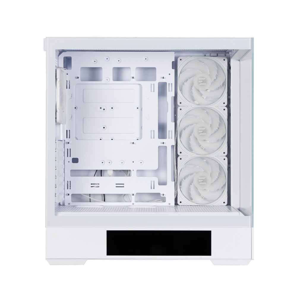 Case per computer bianco con tre ventole a destra. L'interno del case è vuoto, con un pannello inferiore nero.