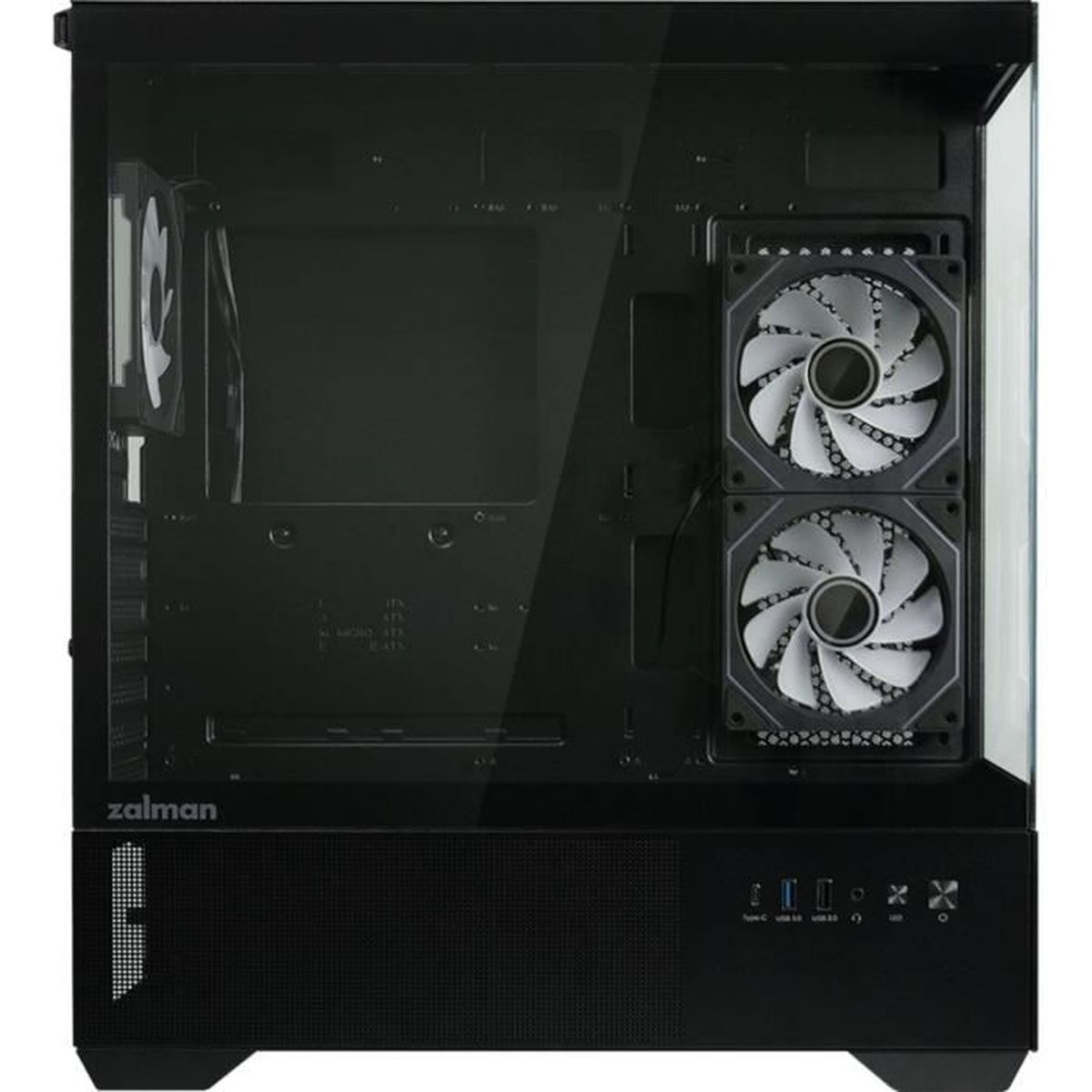 Case per computer nero con pannello laterale in vetro. Sono visibili due ventole bianche. La parola 'zalman' è stampata sul davanti.