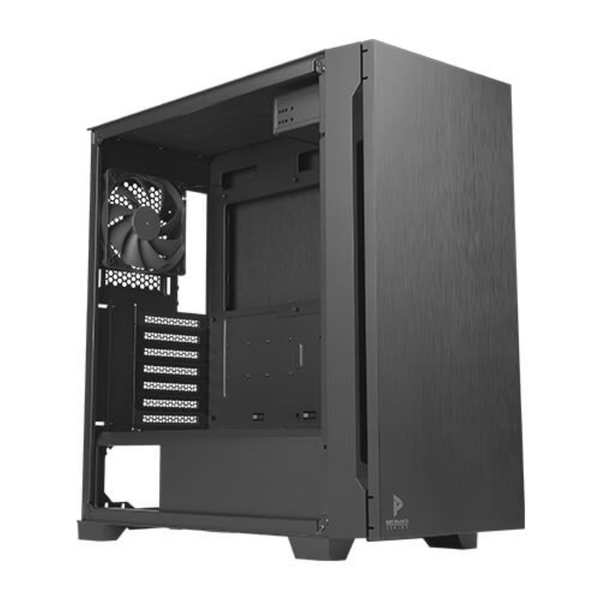 Een zwarte computerkast met een ventilator zichtbaar binnenin. Het heeft een getextureerd voorpaneel en een open zijkant.