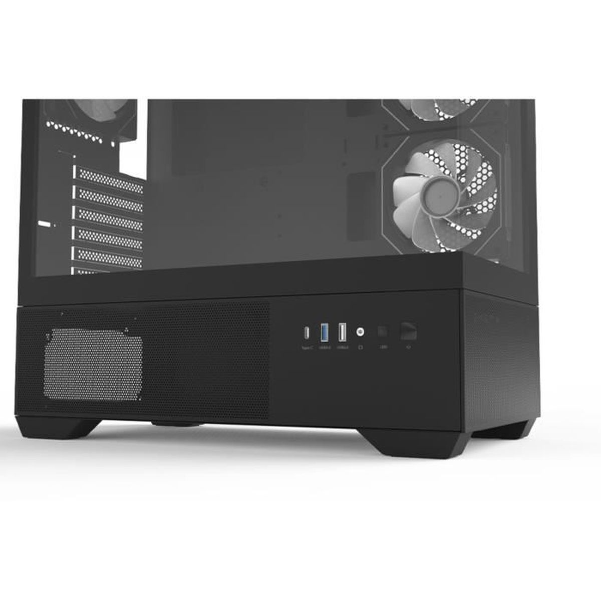 Case per computer nero con pannello laterale in vetro. Ventola visibile e connettori del pannello frontale. Sezioni a rete e solide.