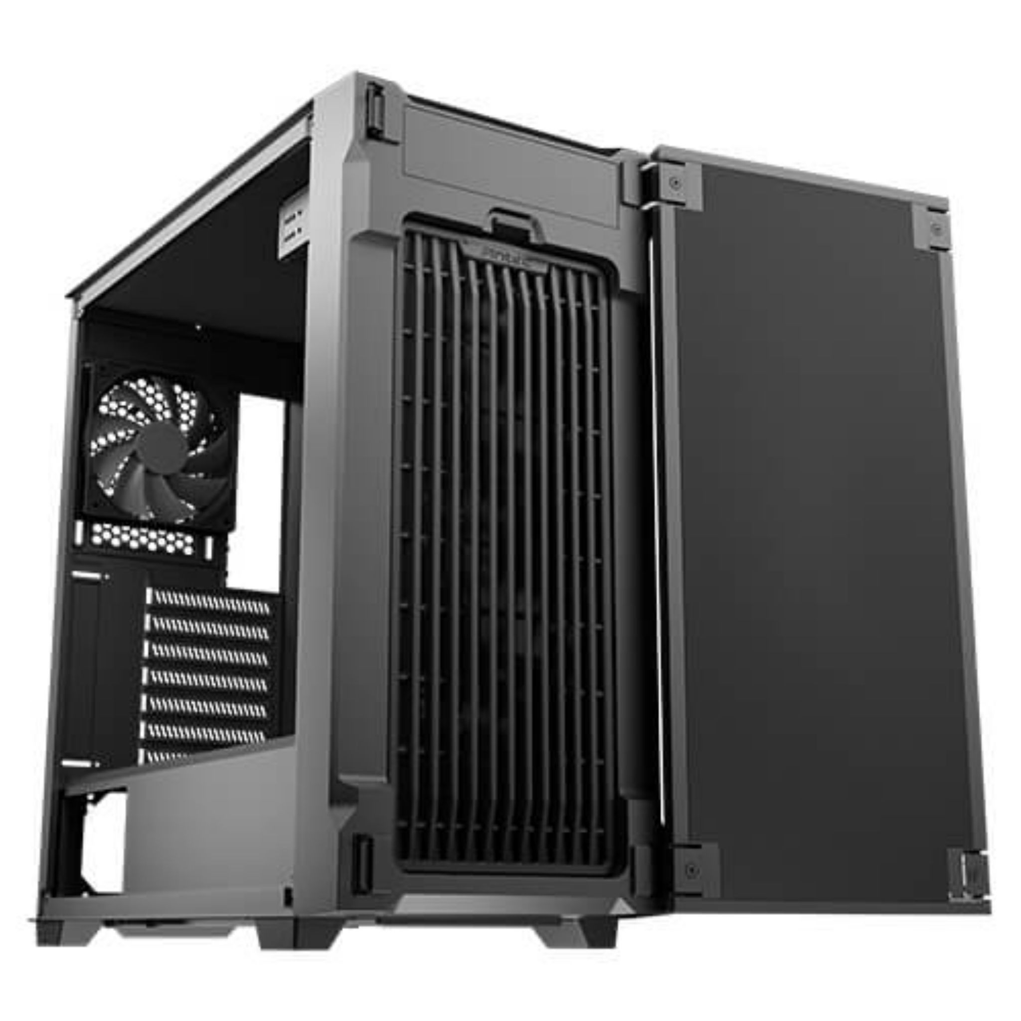 Een zwart-grijze computerkast, gedeeltelijk open, met interne componenten. De zijdeur is open.