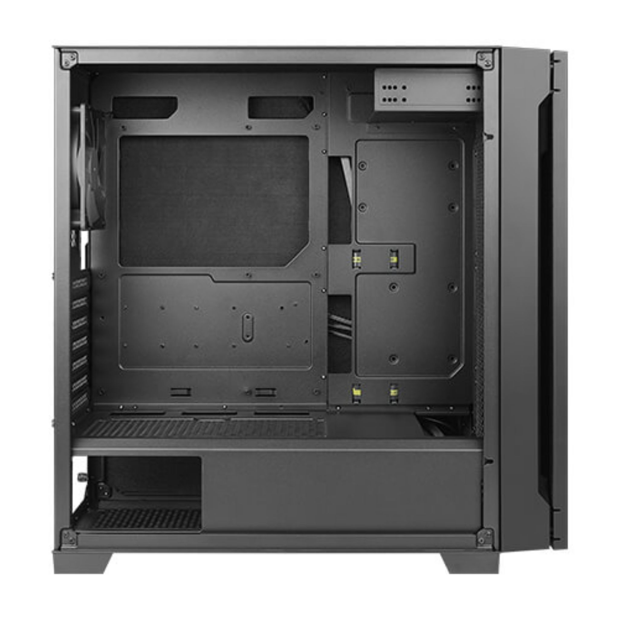 Een open, zwarte computerkast binnenkant. Het heeft verschillende compartimenten en bevestigingspunten voor componenten, met een ventilator zichtbaar.