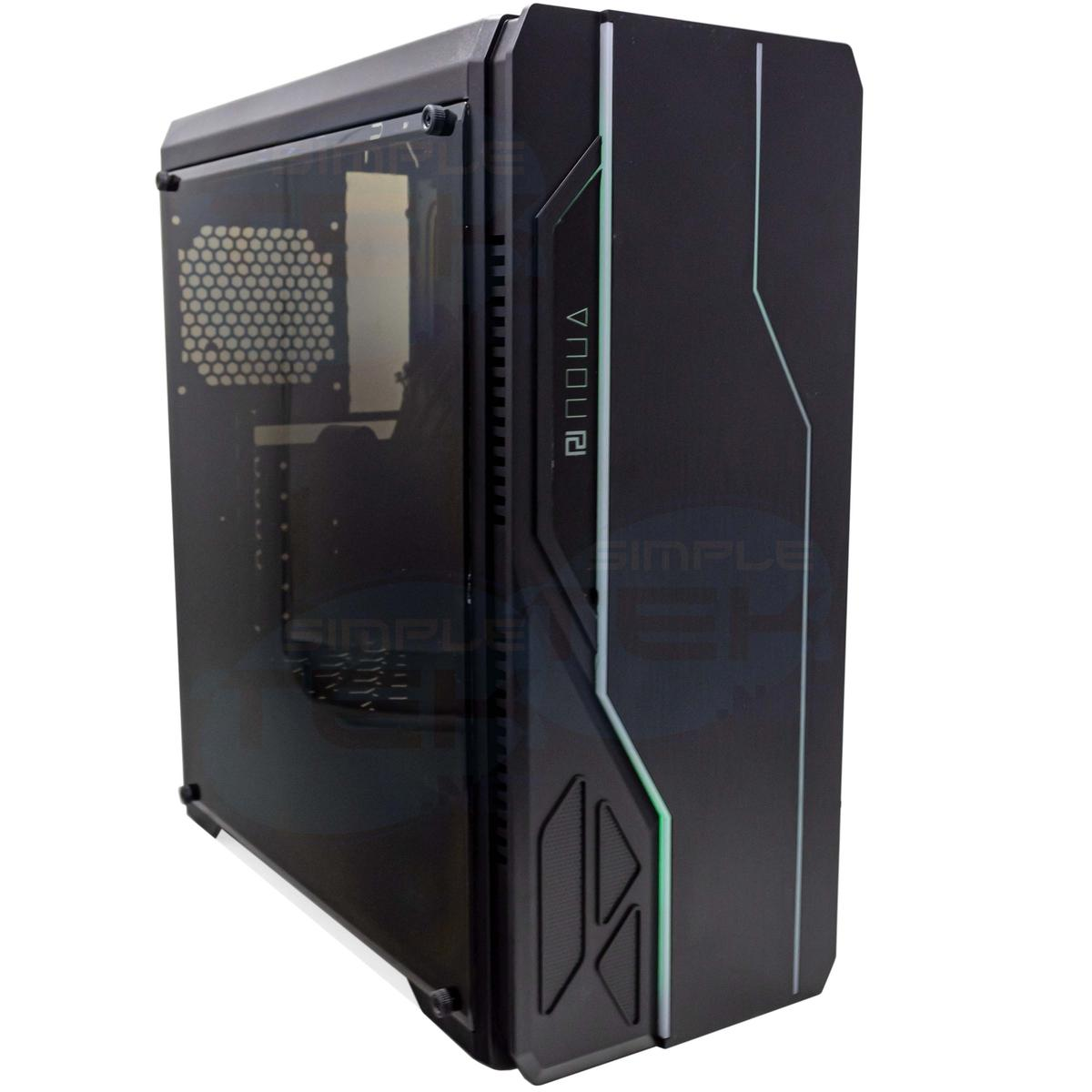 Un case per computer nero con un pannello laterale in vetro. Il case ha luci verdi e il marchio "NOVA".