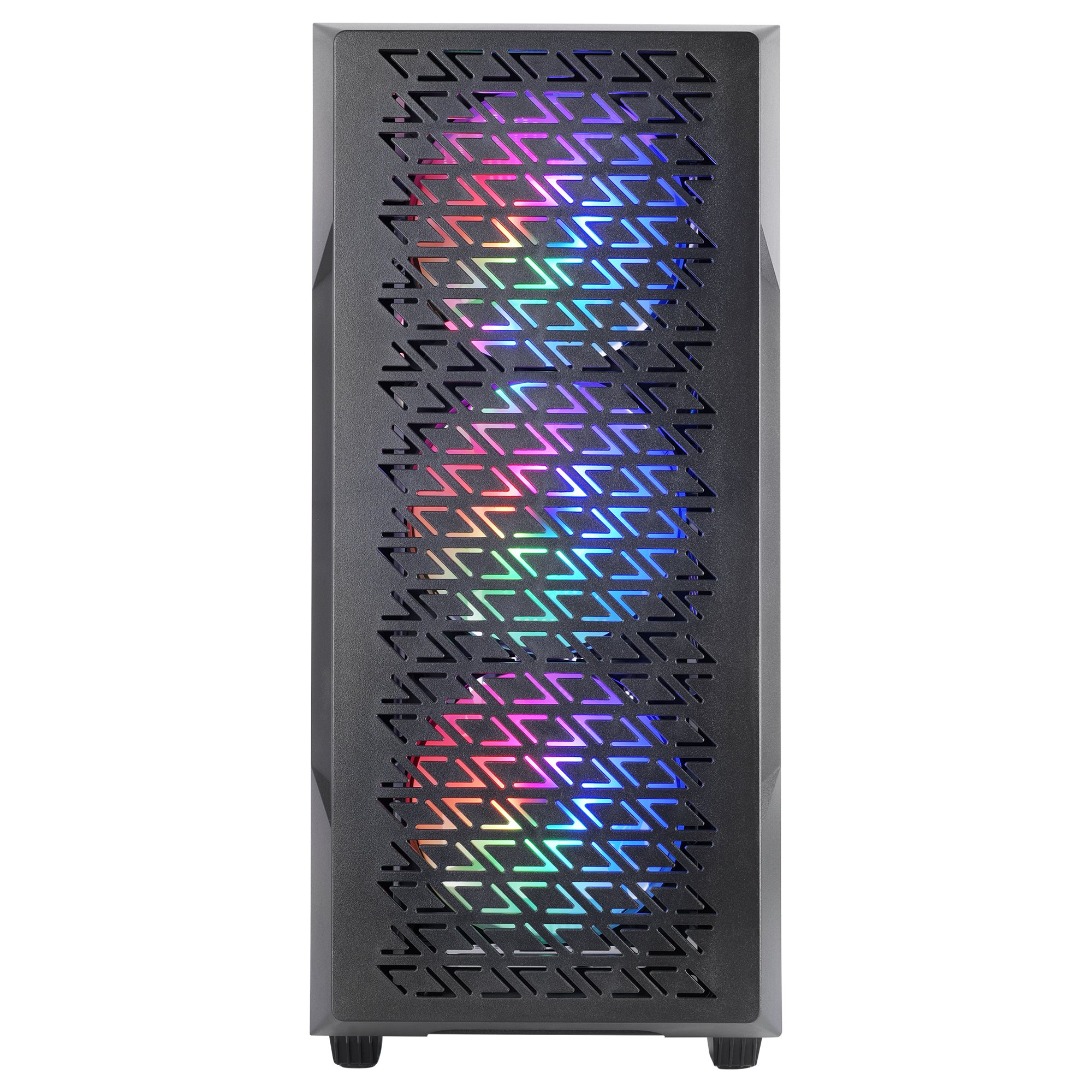 Vista frontale del case del computer nero. L'illuminazione RGB brilla attraverso un motivo geometrico. Sfondo bianco.
