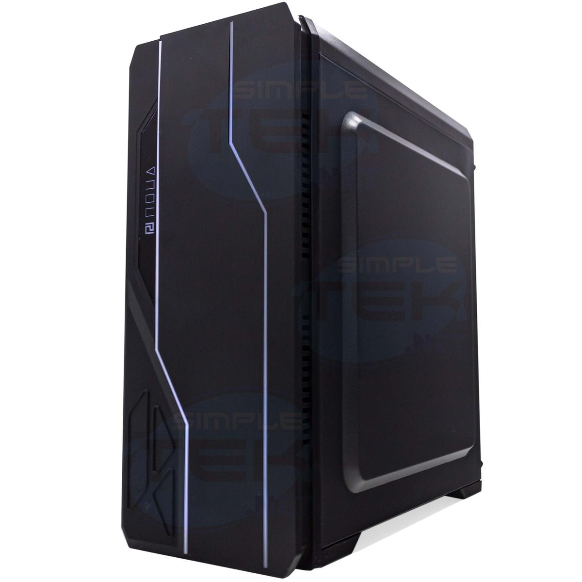 Case per computer nero con dettagli bianchi. Il case ha un design moderno, con pannello laterale e frontale.
