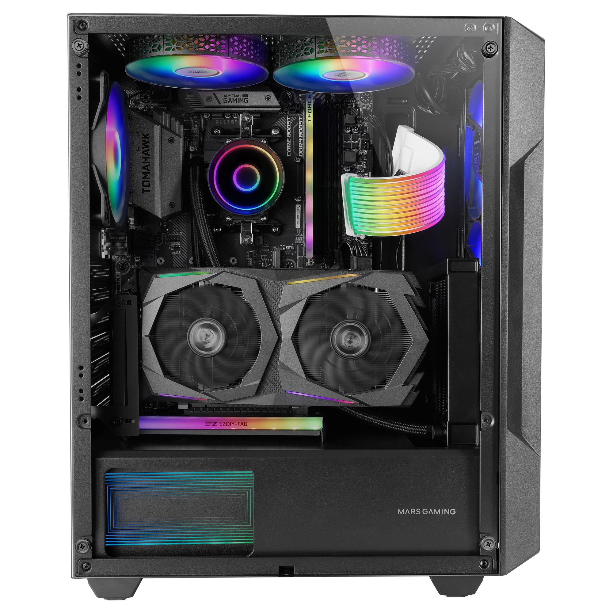 Un case per computer con componenti interni illuminati da luci RGB. Include una scheda grafica, un dissipatore CPU e moduli RAM.